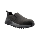 Side view of Men’s Avenger Summit Trail Composite Toe work shoe in black/black – features include a lightweight composite safety toe, abrasion-resistant synthetic and mesh upper, slip- and oil-resistant rubber outsole, electrical hazard protection, and cushioned midsole for shock absorption.