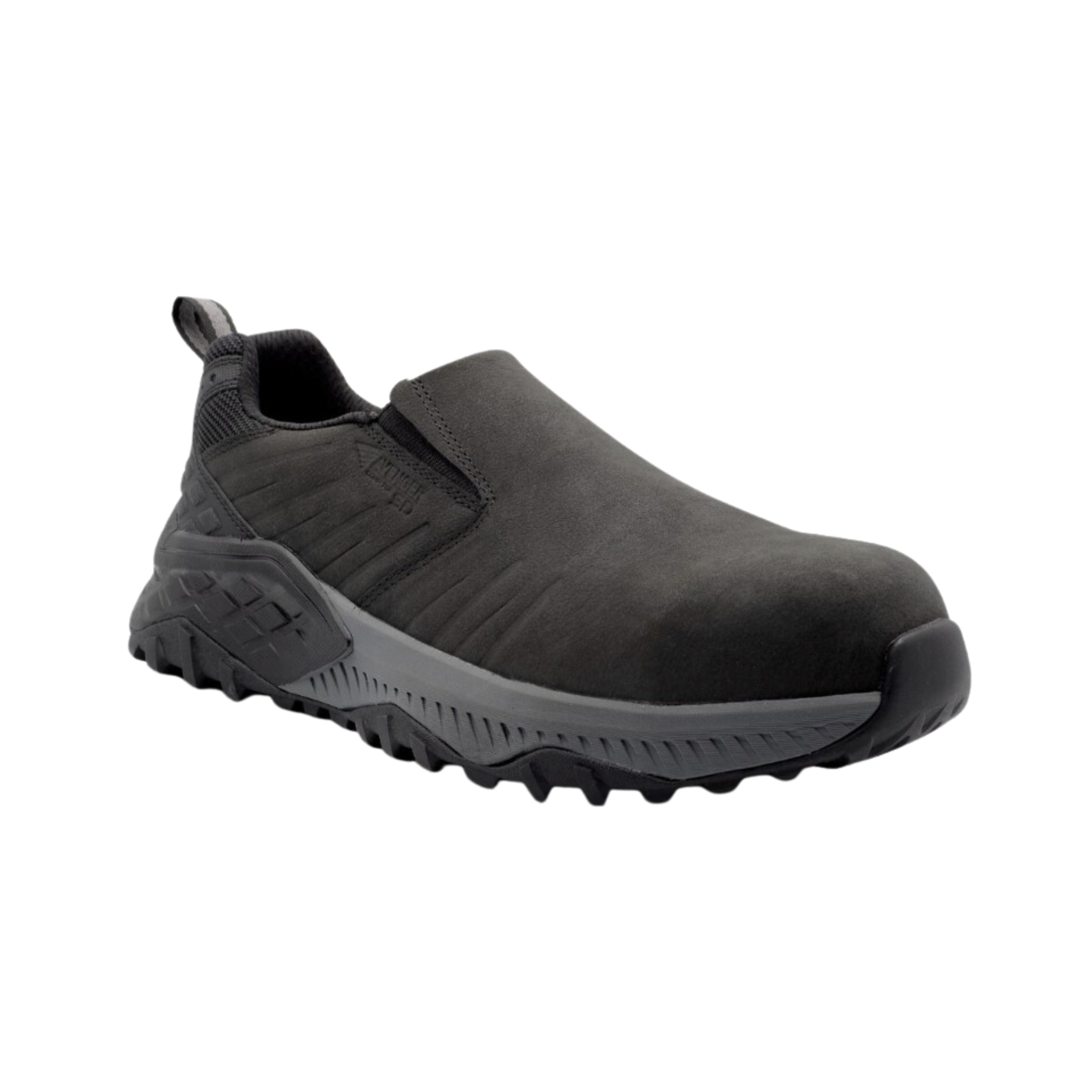 Side view of Men’s Avenger Summit Trail Composite Toe work shoe in black/black – features include a lightweight composite safety toe, abrasion-resistant synthetic and mesh upper, slip- and oil-resistant rubber outsole, electrical hazard protection, and cushioned midsole for shock absorption.