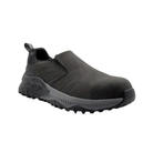Side view of Women’s Avenger Summit Trail Composite Toe work shoe in black/black – features include a lightweight composite safety toe, abrasion-resistant mesh and synthetic upper, slip- and oil-resistant rubber outsole, electrical hazard protection, and shock-absorbing midsole for active work environments.