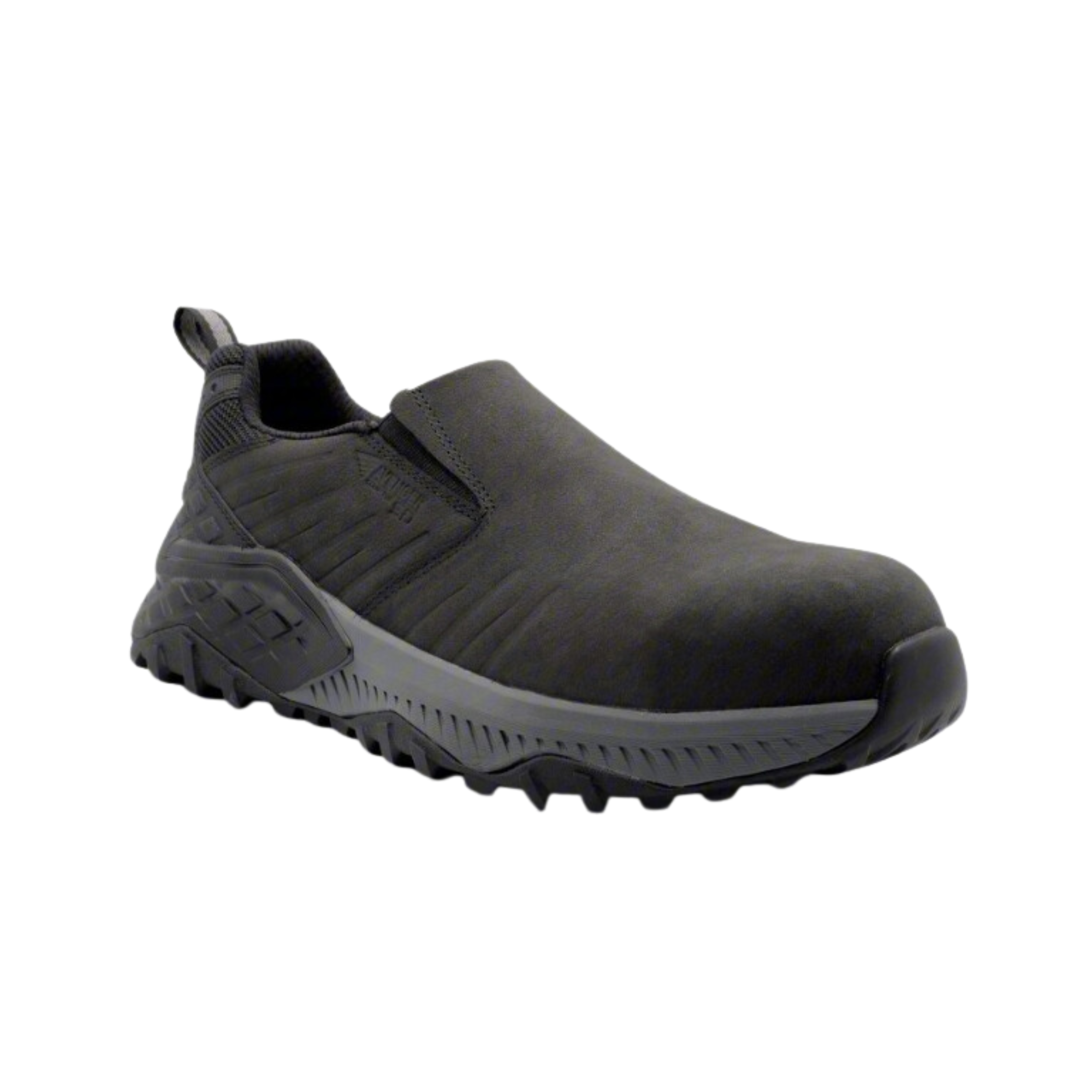 Side view of Women’s Avenger Summit Trail Composite Toe work shoe in black/black – features include a lightweight composite safety toe, abrasion-resistant mesh and synthetic upper, slip- and oil-resistant rubber outsole, electrical hazard protection, and shock-absorbing midsole for active work environments.