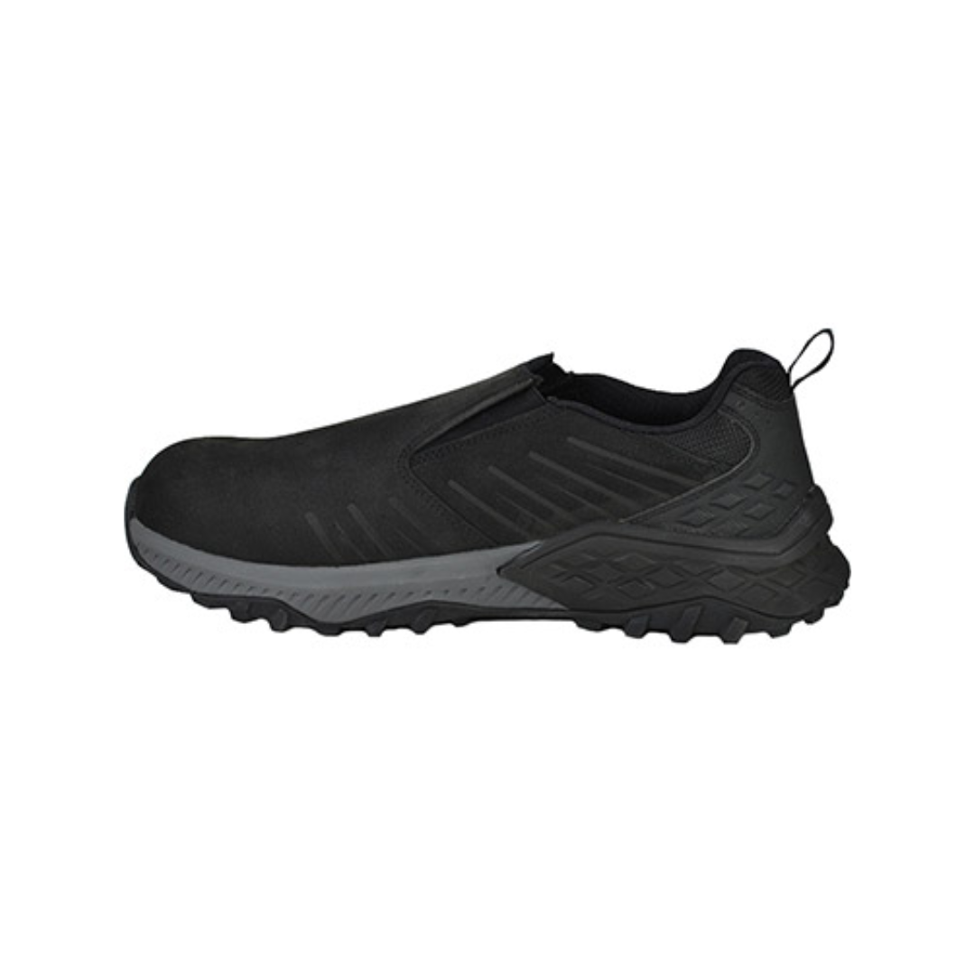 Side view of Women’s Avenger Summit Trail Composite Toe work shoe in black/black – features include a lightweight composite safety toe, abrasion-resistant mesh and synthetic upper, slip- and oil-resistant rubber outsole, electrical hazard protection, and shock-absorbing midsole for active work environments.