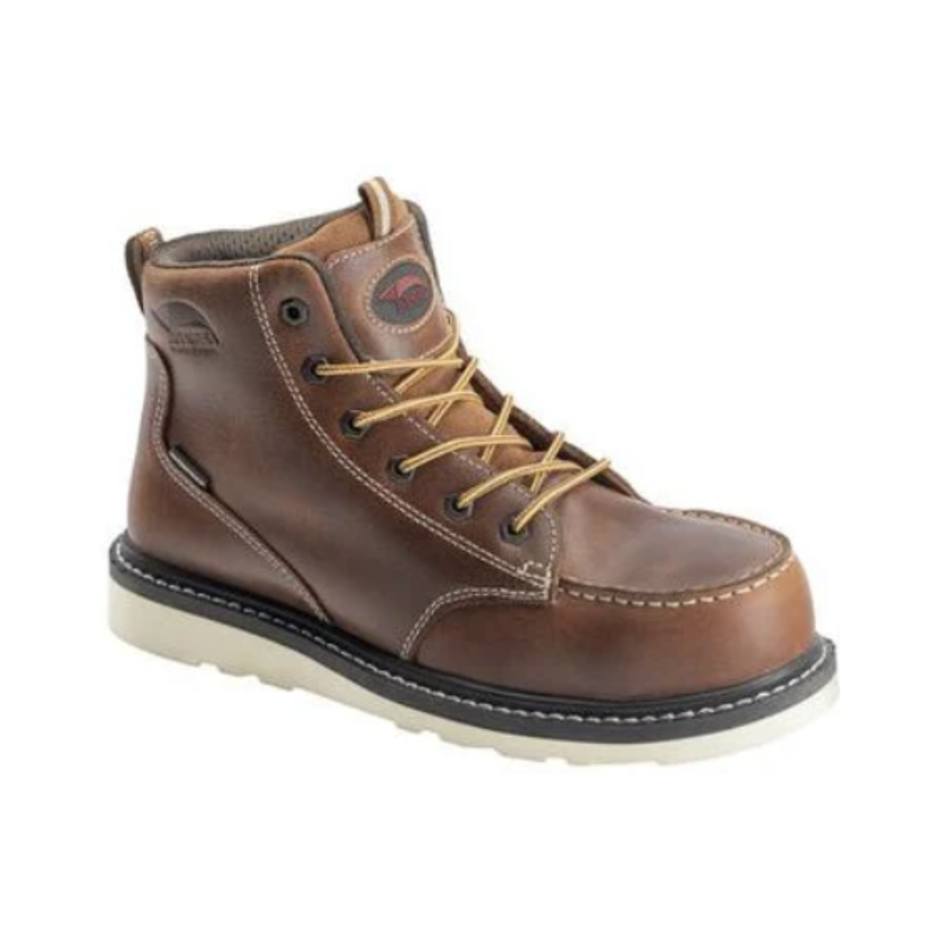 Side view of Men’s Avenger Wedge Moc carbon nano toe work boot in tobacco brown – featuring carbon nano safety toe for lightweight protection, moc toe styling, slip-resistant outsole, and cushioned footbed for comfort.