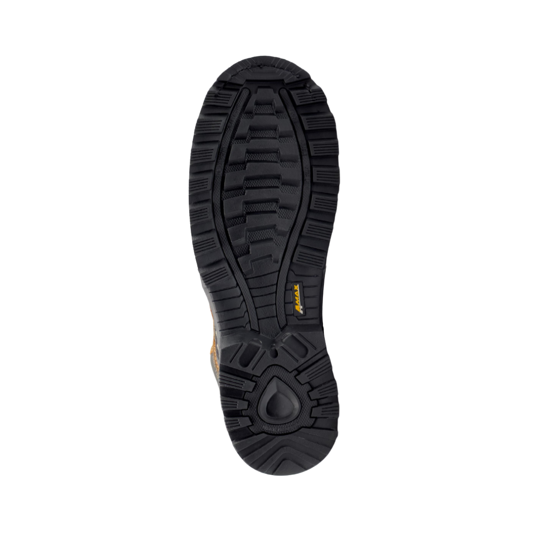 Bottom View of Men’s Avenger A-Max Dozer Composite Toe Boot in Brown – featuring a rugged tread pattern for excellent traction, a flexible rubber outsole for natural movement, and durable construction designed to withstand tough work environments.