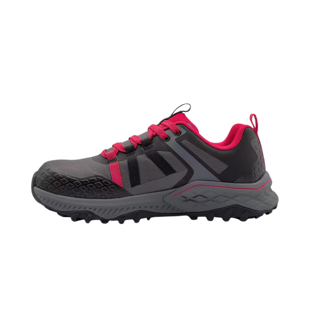 Side view of Women’s Avenger Aero Trail composite toe work shoe in grey and magenta – showcasing lightweight design, composite safety toe, and slip-resistant rubber outsole for enhanced traction.