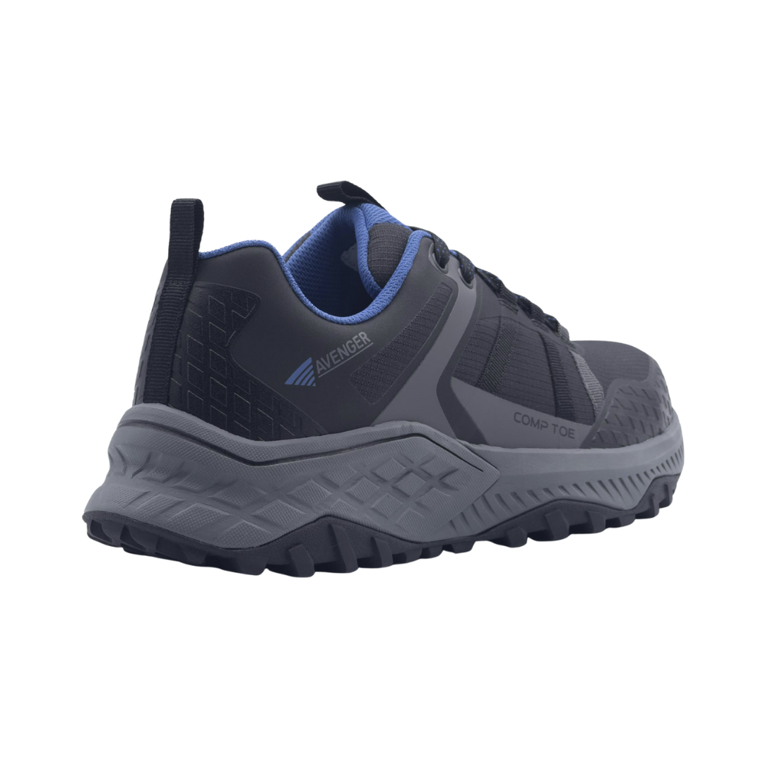 Angled View of Men’s Avenger Aero Trail Composite Toe Boot in Black and Blue – featuring a protective composite toe, sporty trail-inspired design with breathable panels, and a cushioned midsole for all-day wear.