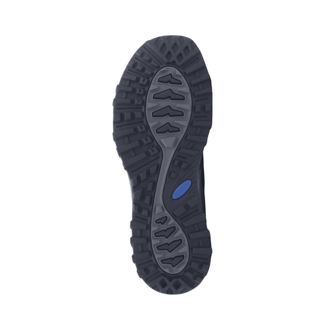 Bottom View of Men’s Avenger Aero Trail Composite Toe Boot in Black and Blue – featuring a deep multi-directional lug pattern for excellent grip, a flexible rubber outsole for natural movement, and durable construction for outdoor and work environments.