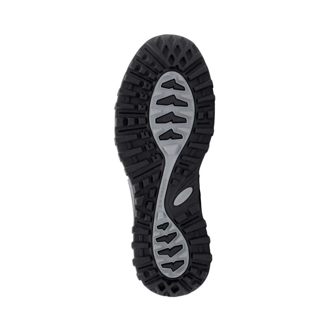 Bottom View of Men’s Avenger Aero Trail Mid Composite Toe Boot in Olive – featuring a rugged multi-directional tread pattern for superior grip, a flexible outsole for natural movement, and durable rubber construction designed for outdoor and work environments.