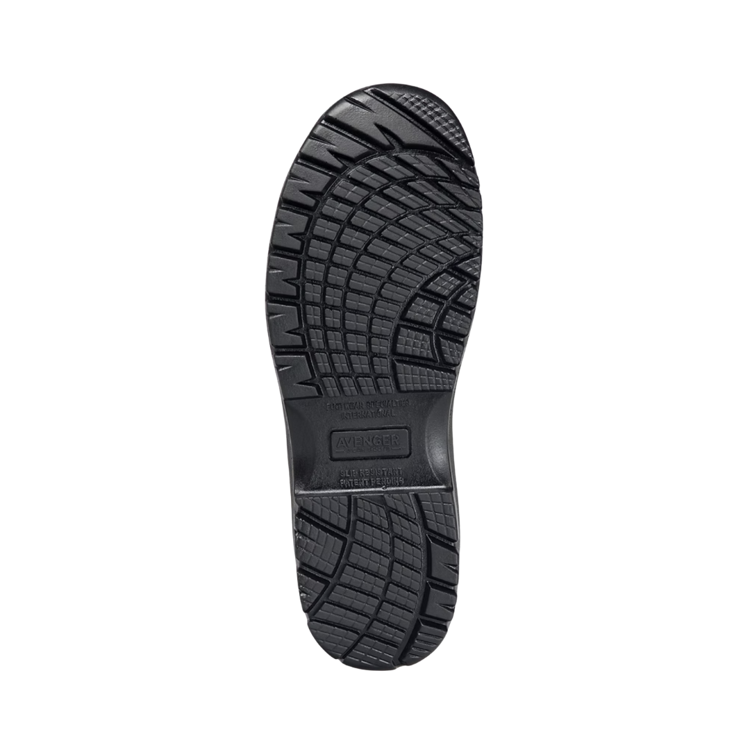 Bottom View of Men’s Avenger Breaker Composite Toe Boot in Black – featuring a deep-lug tread pattern for excellent grip, a flexible rubber outsole for natural foot movement, and long-lasting construction for heavy-duty use.