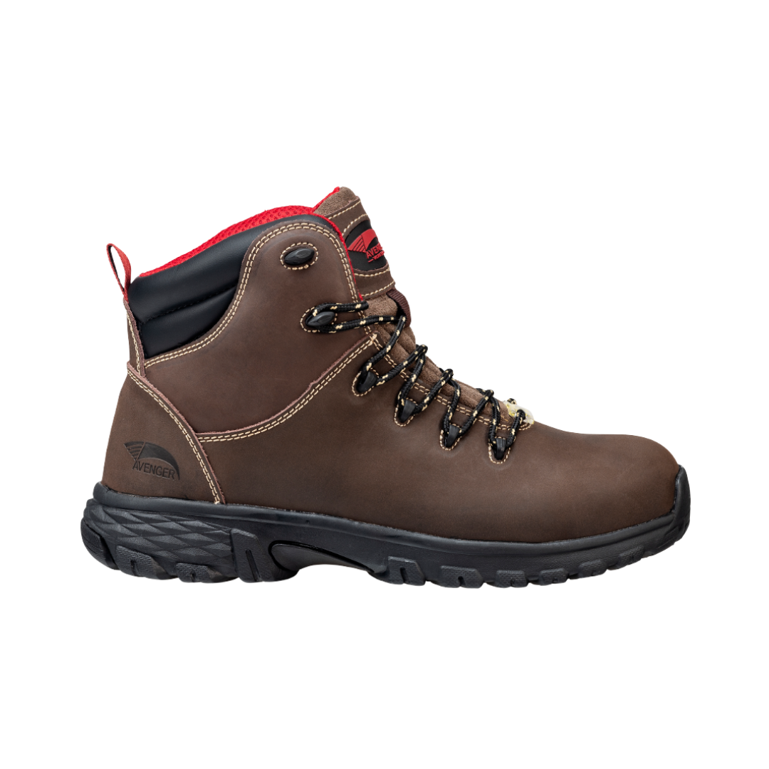 Side View of Men’s Avenger Flight Aluminum Toe Boot in Brown – featuring a slip- and oil-resistant rubber outsole for enhanced traction, a supportive shock-absorbing midsole to reduce fatigue, and a low-ankle work boot design for versatile jobsite performance.