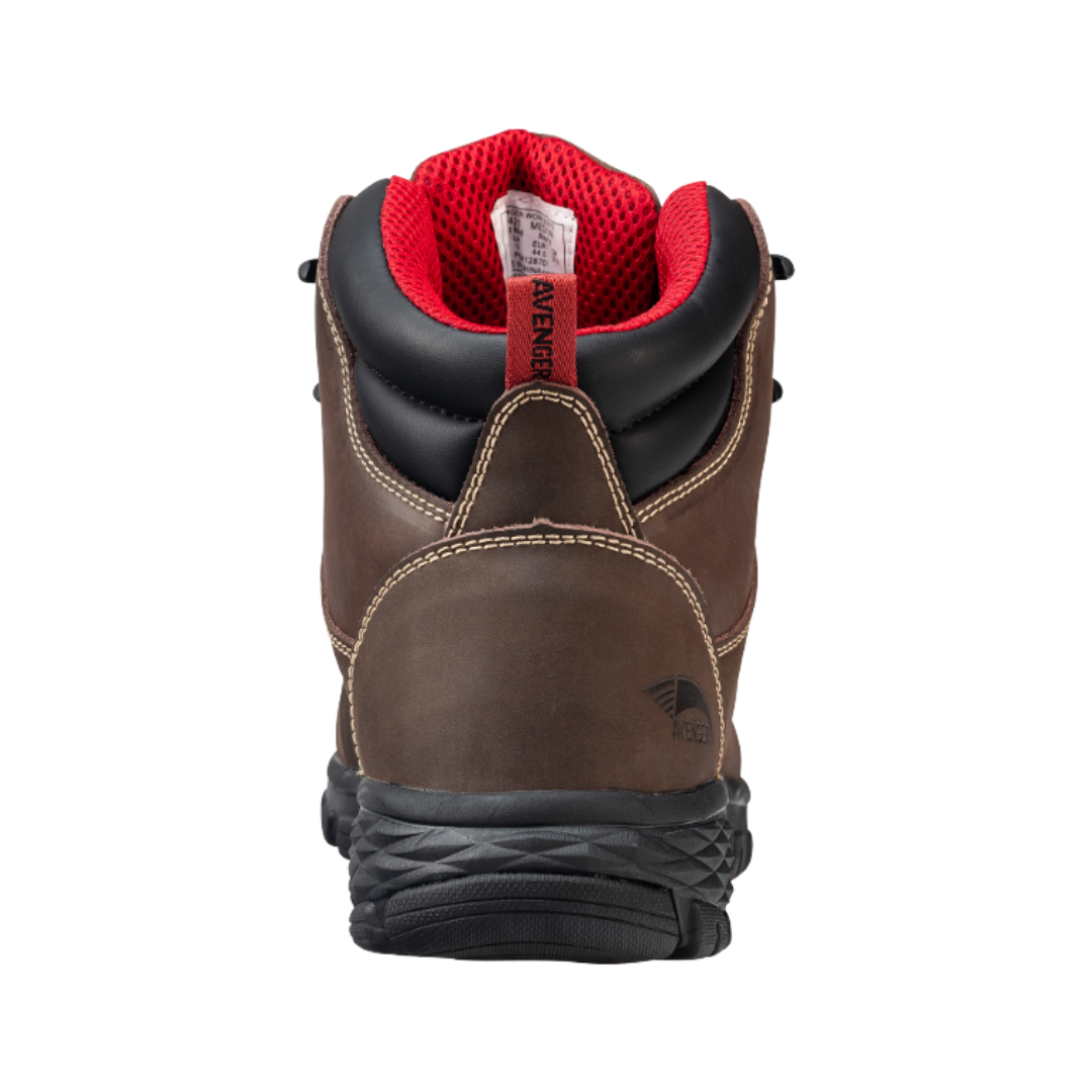 Back View of Men’s Avenger Flight Aluminum Toe Boot in Brown – featuring a reinforced heel counter for stability, dual pull tabs for easy on-and-off, and durable stitching designed to withstand demanding work conditions.