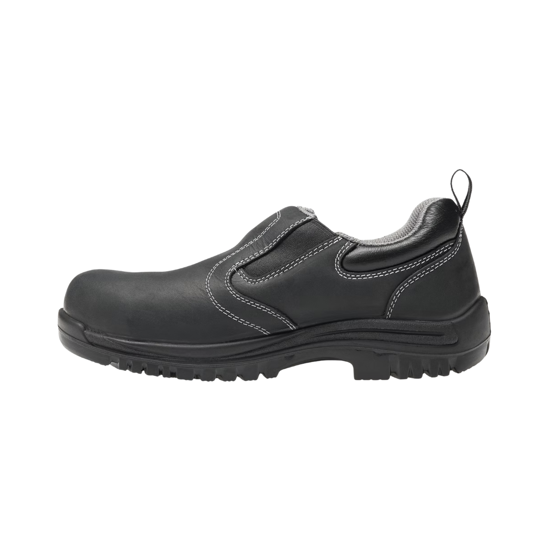 Side View of Women’s Avenger Foreman Slip-On Composite Toe Boot in Black – featuring a slip- and oil-resistant rubber outsole for stable traction, a shock-absorbing midsole to reduce fatigue, and elastic side panels for easy on-and-off wear.