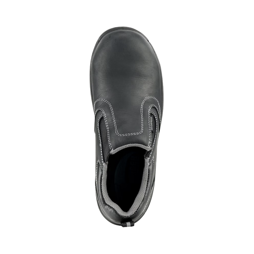 Top View of Women’s Avenger Foreman Slip-On Composite Toe Boot in Black – featuring a lightweight composite safety toe for non-metallic protection, a smooth leather upper for a sleek slip-on style, and a cushioned insole for lasting all-day comfort.