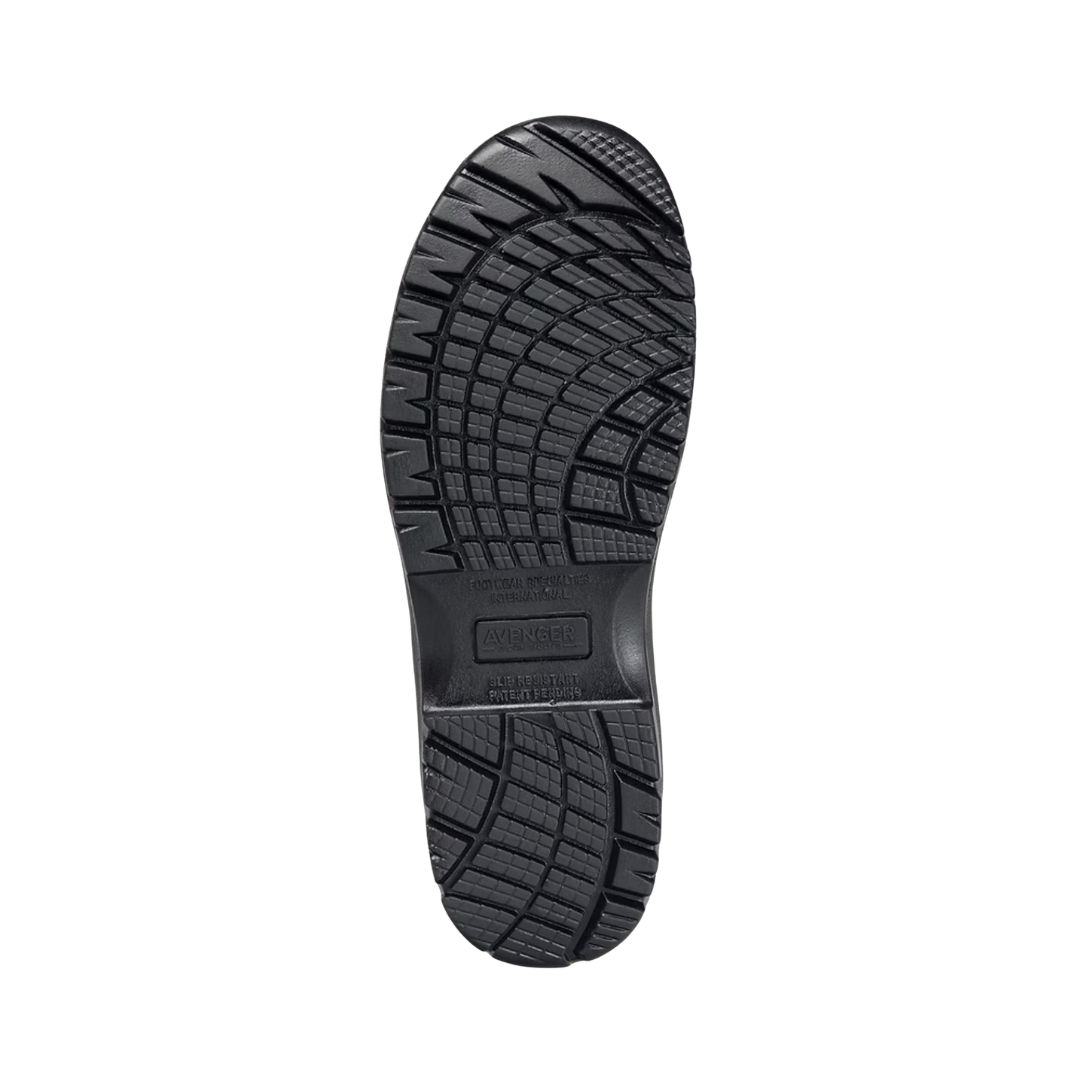 Bottom View of Women’s Avenger Foreman Slip-On Composite Toe Boot in Black – featuring a durable lugged tread pattern for superior grip, a flexible outsole for natural foot movement, and rugged construction designed for industrial work environments.