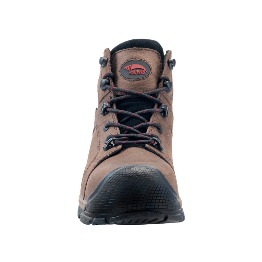 Front View of Men’s Avenger Ripsaw Alloy Toe Boot in Brown – featuring a lightweight alloy safety toe for protection, a premium leather upper for durability, and a cushioned insole for long-lasting comfort on the job.