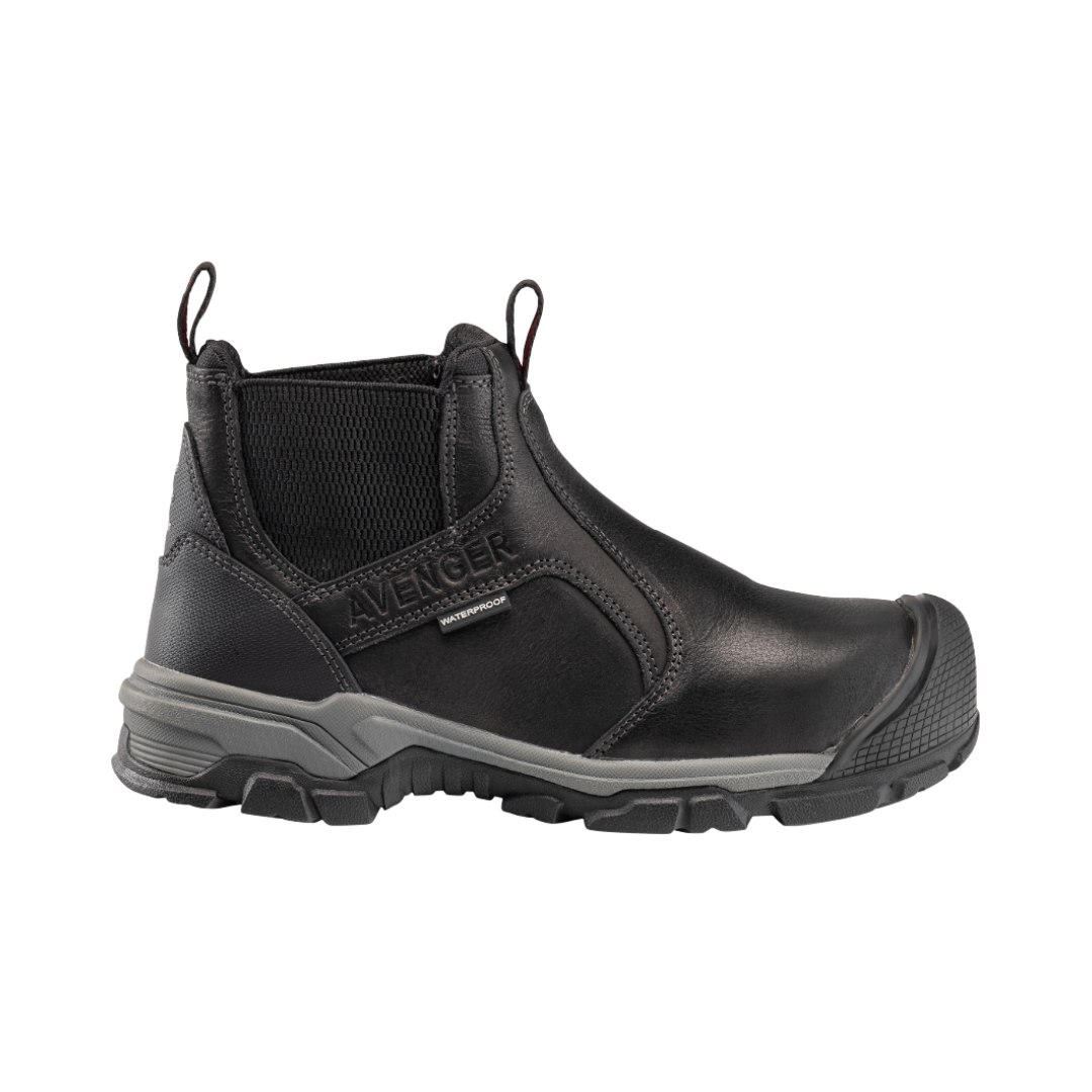 Side View of Men’s Avenger Ripsaw Slip-On Alloy Toe Boot in Black – featuring a slip- and oil-resistant rubber outsole for reliable traction, dual side stretch panels for easy on-and-off, and a shock-absorbing midsole for reduced foot fatigue.