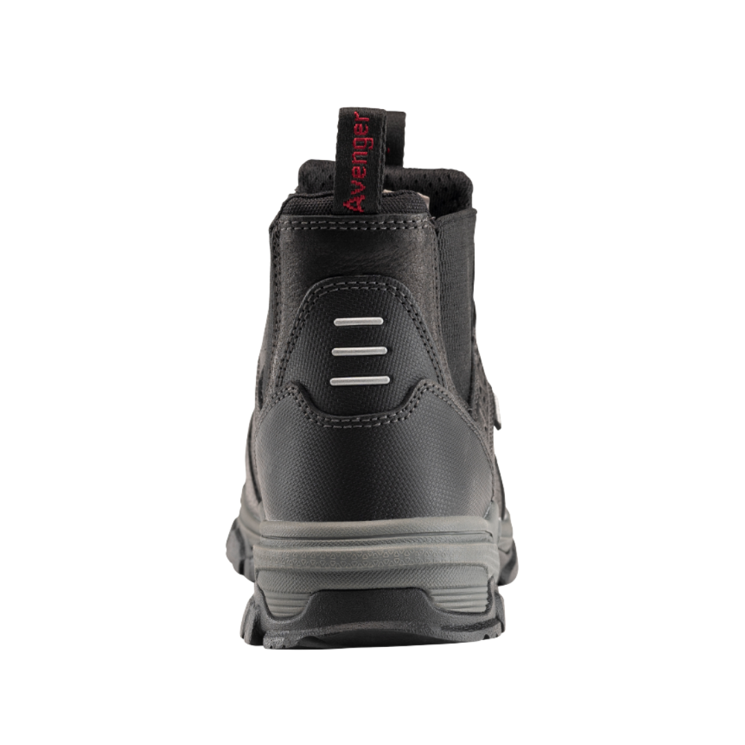 Back View of Men’s Avenger Ripsaw Slip-On Alloy Toe Boot in Black – featuring a reinforced heel counter for added stability, a pull tab for effortless on-and-off, and durable stitching designed for heavy-duty environments.