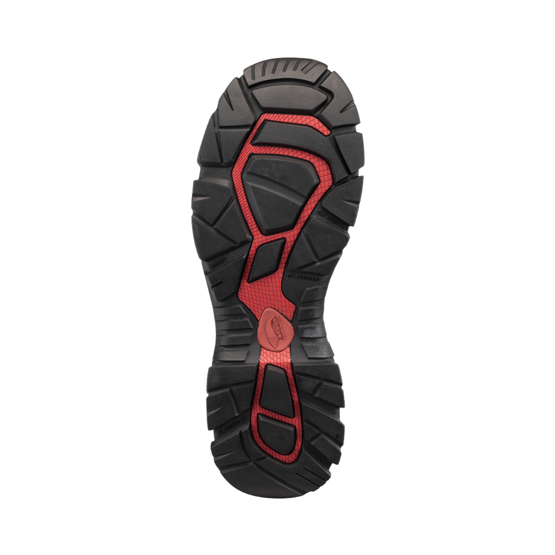 Bottom View of Men’s Avenger Romeo Aluminum Toe Boot in Brown – featuring a durable tread pattern for enhanced traction, an oil- and slip-resistant outsole for workplace safety, and a flexible sole for natural movement during long shifts.