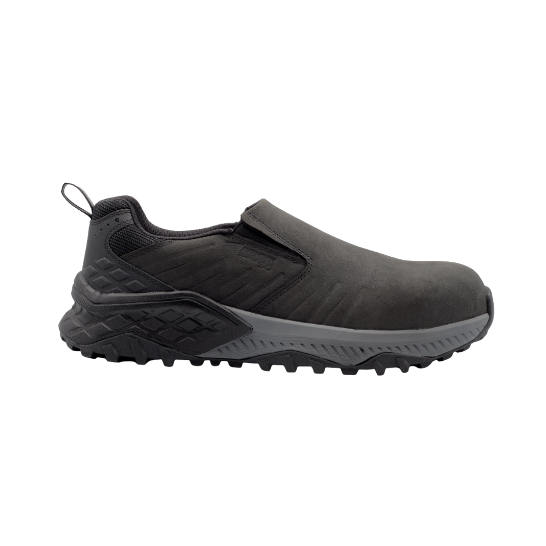 Side View of Men’s and Women’s Avenger Summit Trail Composite Toe Boot in Black – featuring a slip- and oil-resistant rubber outsole for secure traction, a shock-absorbing EVA midsole to reduce fatigue, and reinforced stitching for all-terrain durability.