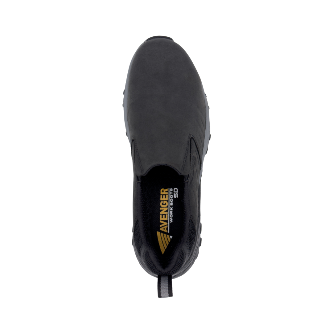 Top View of Men’s and Women’s Avenger Summit Trail Composite Toe Boot in Black – featuring a lightweight composite safety toe for non-metallic protection, a durable leather and textile upper for rugged performance, and a cushioned insole for long-lasting comfort during hikes or work shifts.