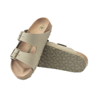 Angled view of Women’s Birkenstock Arizona BirkoBuc sandal in tan - designed with durable Birkibuc synthetic straps, adjustable buckle closures for customizable fit, and a contoured cork footbed that provides arch support and absorbs shock.