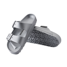Angled view of Men’s Birkenstock Arizona Essential EVA 2-strap sandal in all silver – highlighting waterproof EVA construction and cushioned footbed.