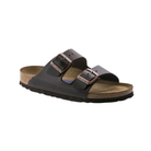 Side view of Unisex Birkenstock Arizona Soft Footbed 2-strap sandal in brown – featuring smooth leather upper with adjustable straps for a custom fit, natural cork footbed that molds to foot shape for superior arch support, and EVA outsole for lightweight cushioning and traction.