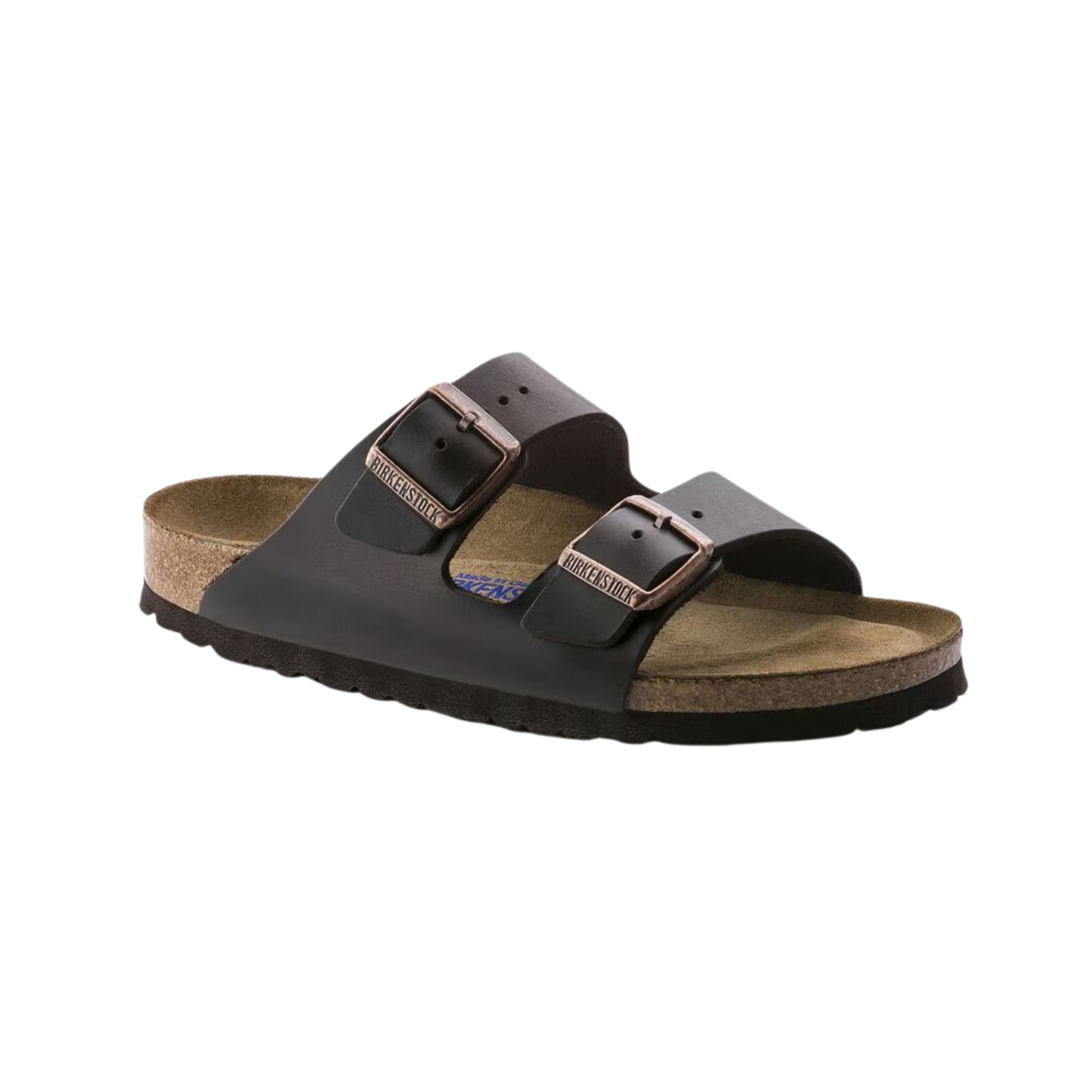 Side view of Unisex Birkenstock Arizona Soft Footbed 2-strap sandal in brown – featuring smooth leather upper with adjustable straps for a custom fit, natural cork footbed that molds to foot shape for superior arch support, and EVA outsole for lightweight cushioning and traction.