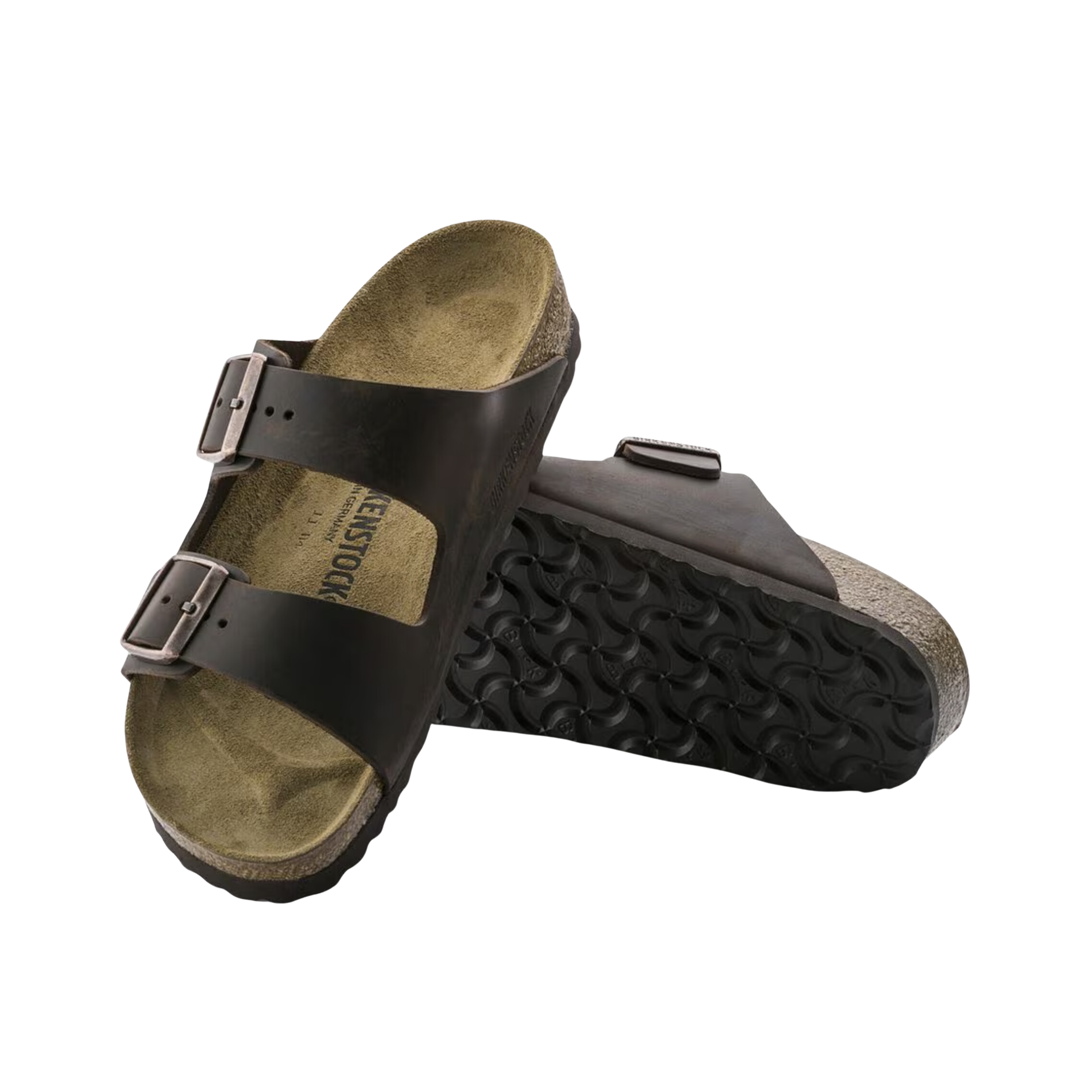Angled View of Unisex Birkenstock Arizona Soft Footbed Oiled Leather sandal in habana – featuring two wide oiled leather straps with adjustable metal buckles for a secure fit, anatomically shaped cork-latex soft footbed with an additional foam layer for enhanced cushioning, and a lightweight EVA outsole for flexibility and shock-absorbing comfort.