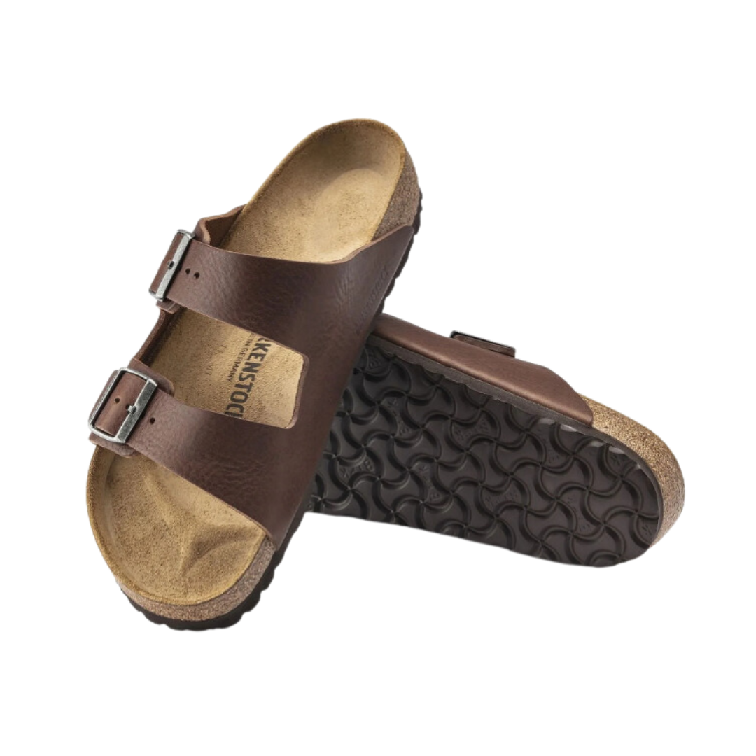 Angled view of Men’s Birkenstock Arizona 2-strap sandal in vintage roast brown – featuring oiled leather straps and a cork footbed for classic comfort and durability.