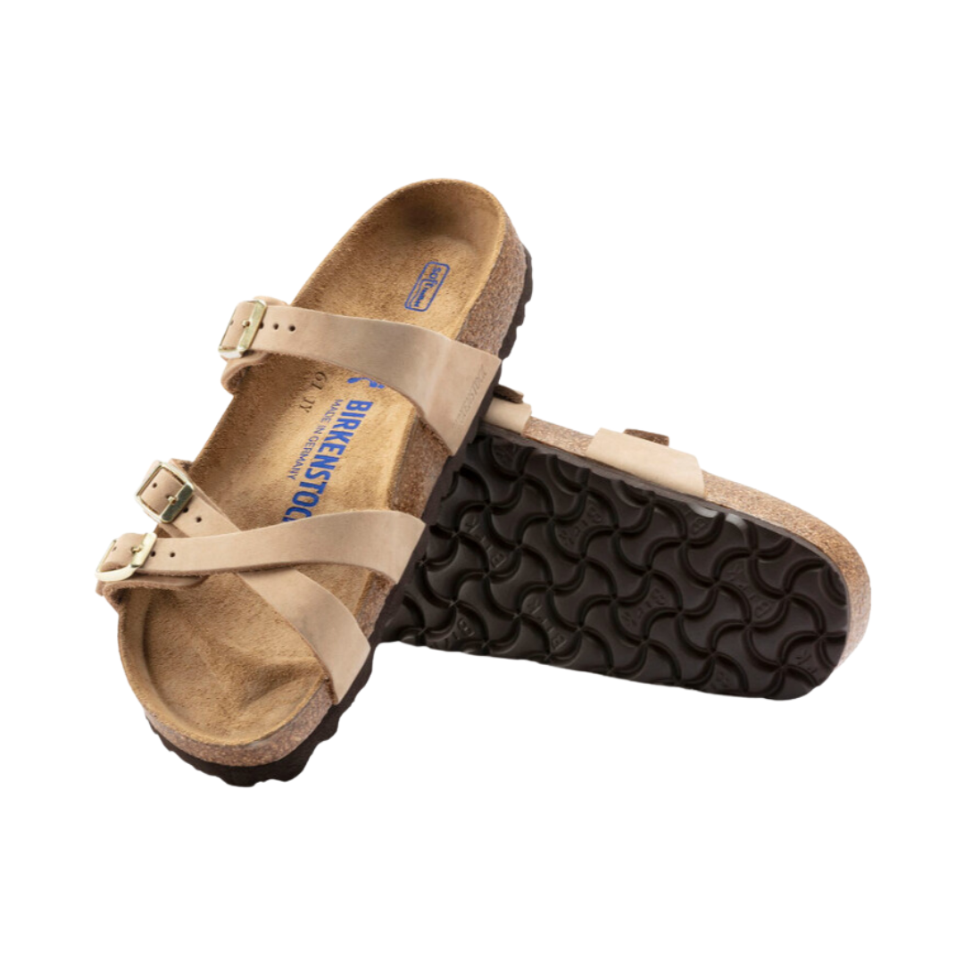 Side view of Women’s Birkenstock Franca 3-strap sandal in tan – featuring nubuck leather straps with adjustable buckles, soft cork footbed providing arch support, and lightweight sole designed for all-day comfort.