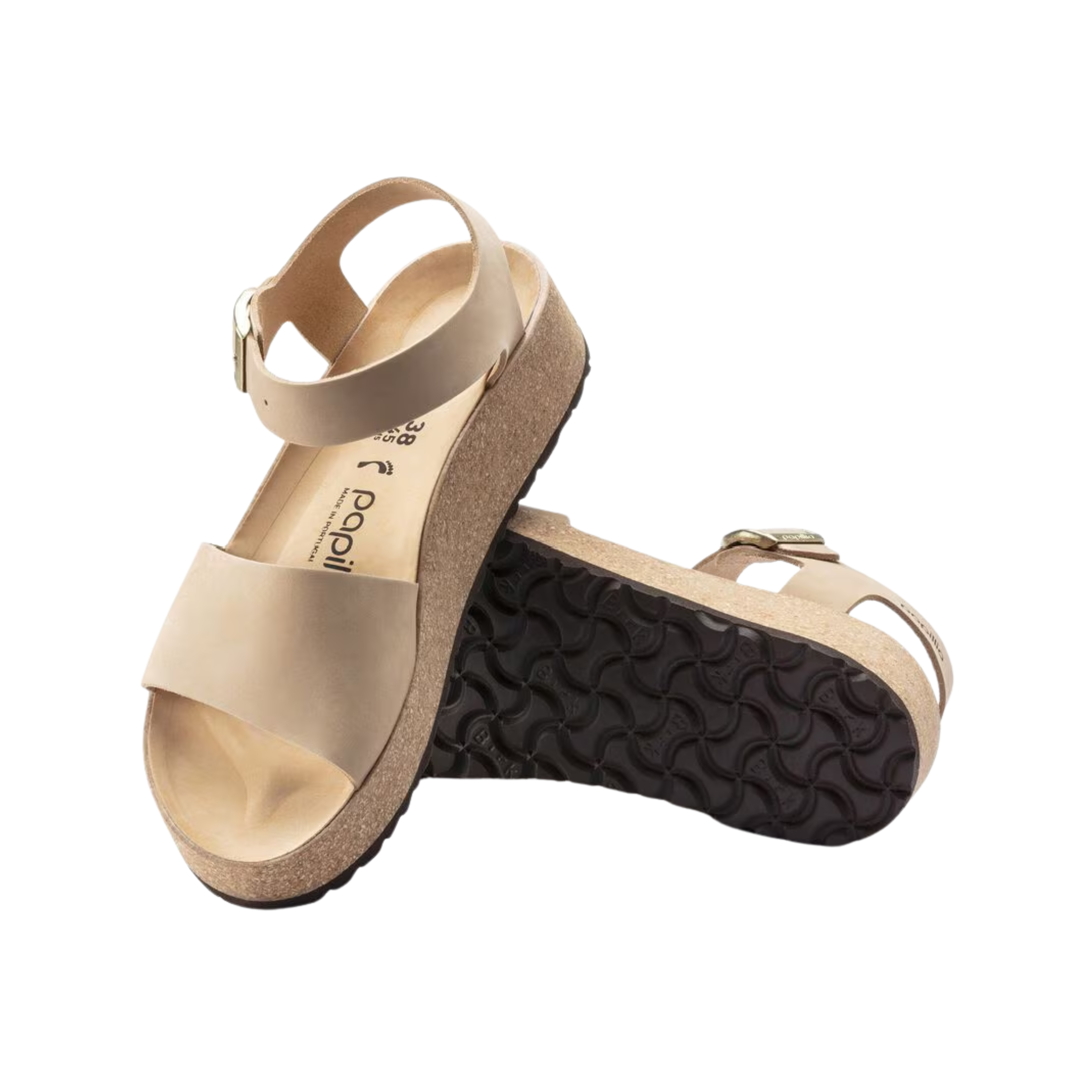 Angled View of Women’s Birkenstock Glenda Nubuck Leather sandal in sandcastle – featuring soft nubuck leather straps with adjustable hook-and-loop closure, microfiber lining for next-to-skin comfort, and a contoured PU footbed with deep heel cup and pronounced arch support. The lightweight cork and EVA midsole offers cushioned shock absorption, while the flexible rubber outsole provides durable traction for daily wear.
