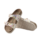 Angled View of Women’s Birkenstock Sydney Vegan Birko-Flor sandal in summer floral rose – featuring two slim Birko-Flor straps with a delicate floral print and adjustable metal buckles, anatomically shaped cork-latex footbed lined with soft microfiber for fully vegan comfort, and a lightweight EVA outsole for flexible, shock-absorbing traction.
