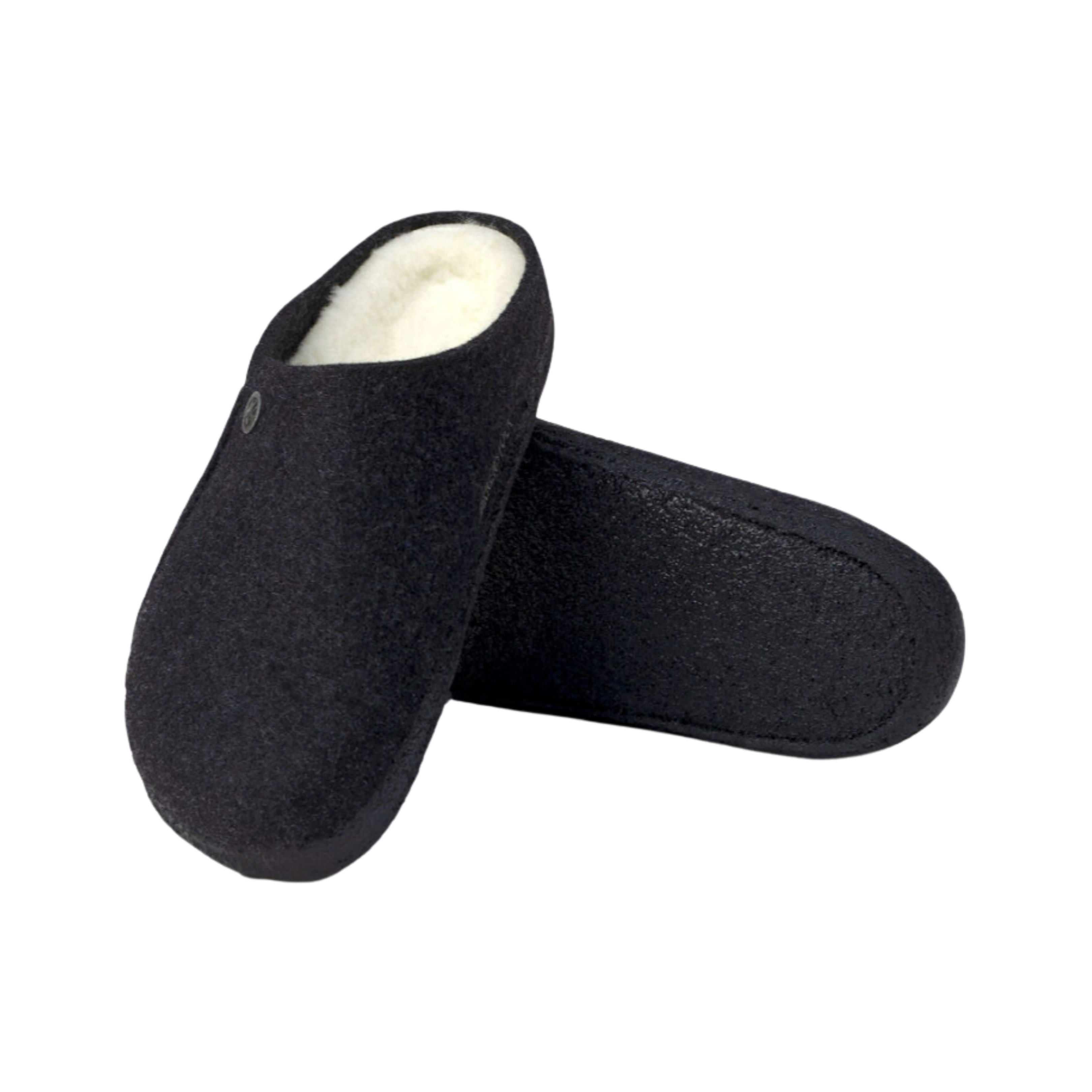 Side view of Men’s Birkenstock Zermatt Shearling wool felt slipper in black – featuring cozy shearling wool felt upper, supportive cork footbed for natural alignment, slip-resistant outsole for indoor safety, and soft lining for warmth.