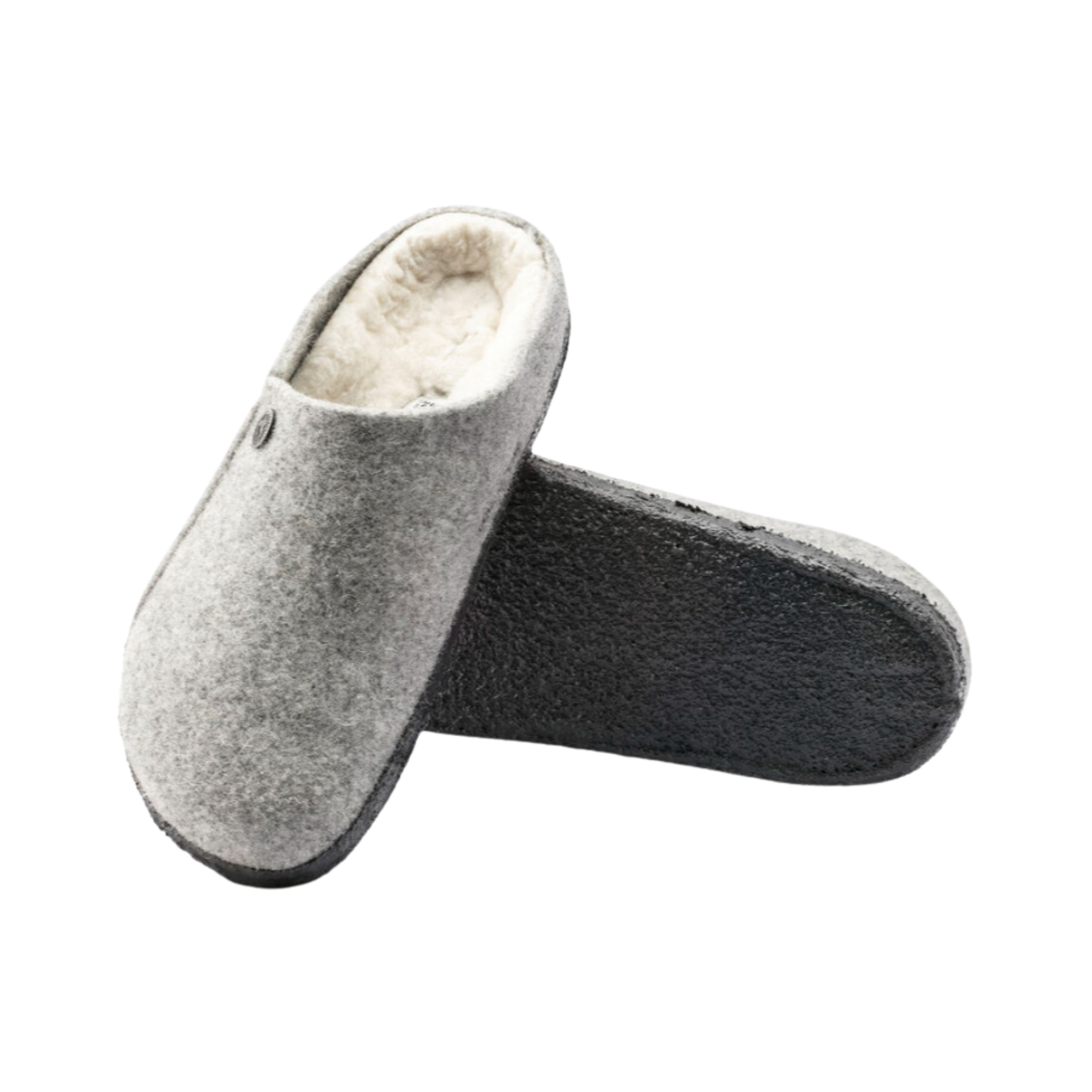 Side view of Men’s Birkenstock Zermatt Shearling wool felt slipper in grey – featuring plush wool felt upper with shearling lining, supportive cork footbed for cushioning, slip-resistant sole, and warm interior for cozy indoor wear.