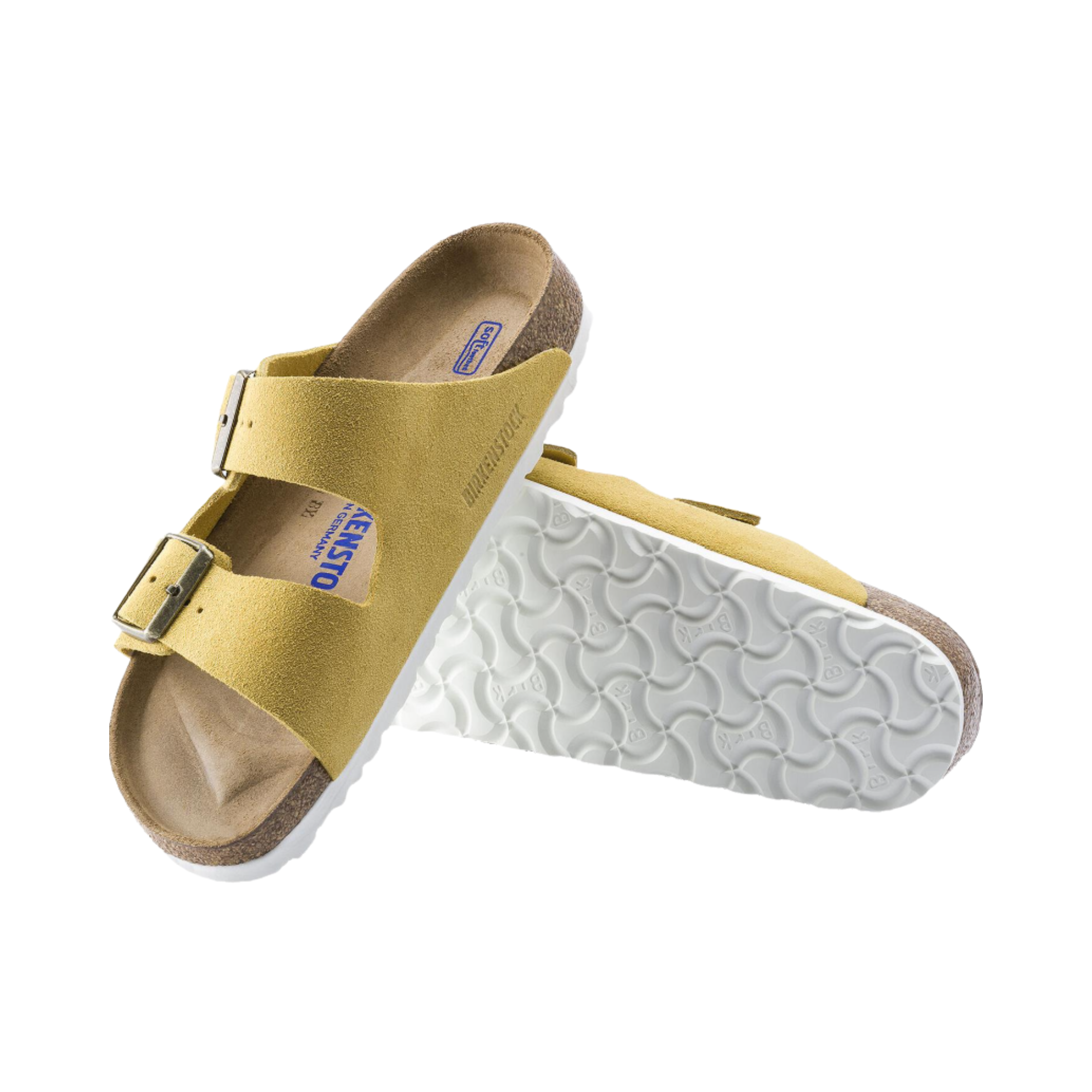 Angled View of Women’s Birkenstock Arizona Soft Footbed Suede Leather sandal in ochre – featuring two adjustable suede leather straps with metal buckles, anatomically shaped cork-latex soft footbed with an added foam layer for enhanced cushioning, and a lightweight EVA outsole for flexible, shock-absorbing support.