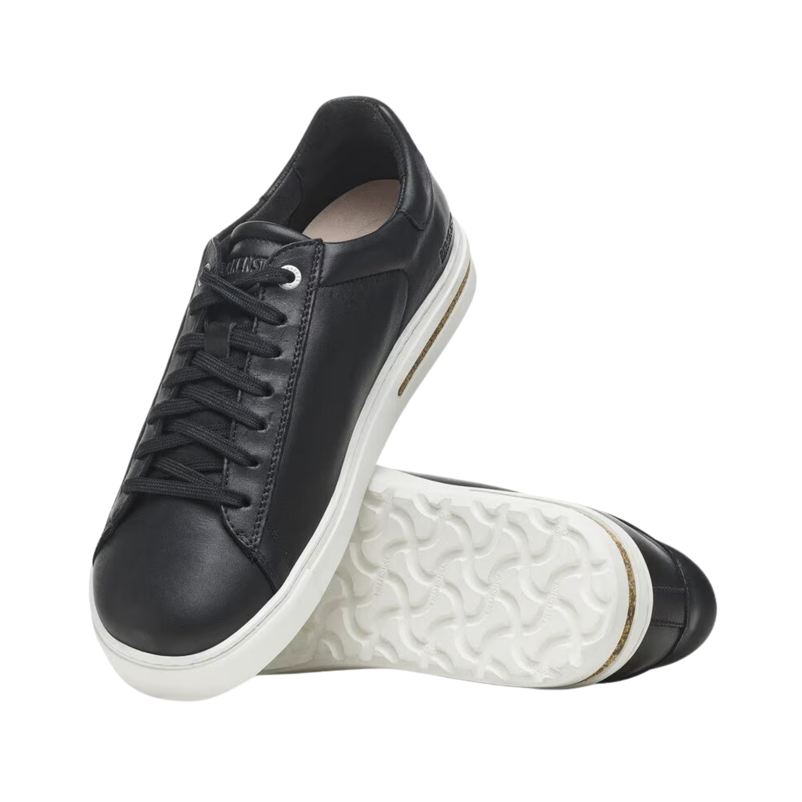 Angled View of Women’s Birkenstock Bend Low Leather in Black – highlighting the modern and stylish silhouette, with the adjustable strap for a custom fit, and the durable leather construction.