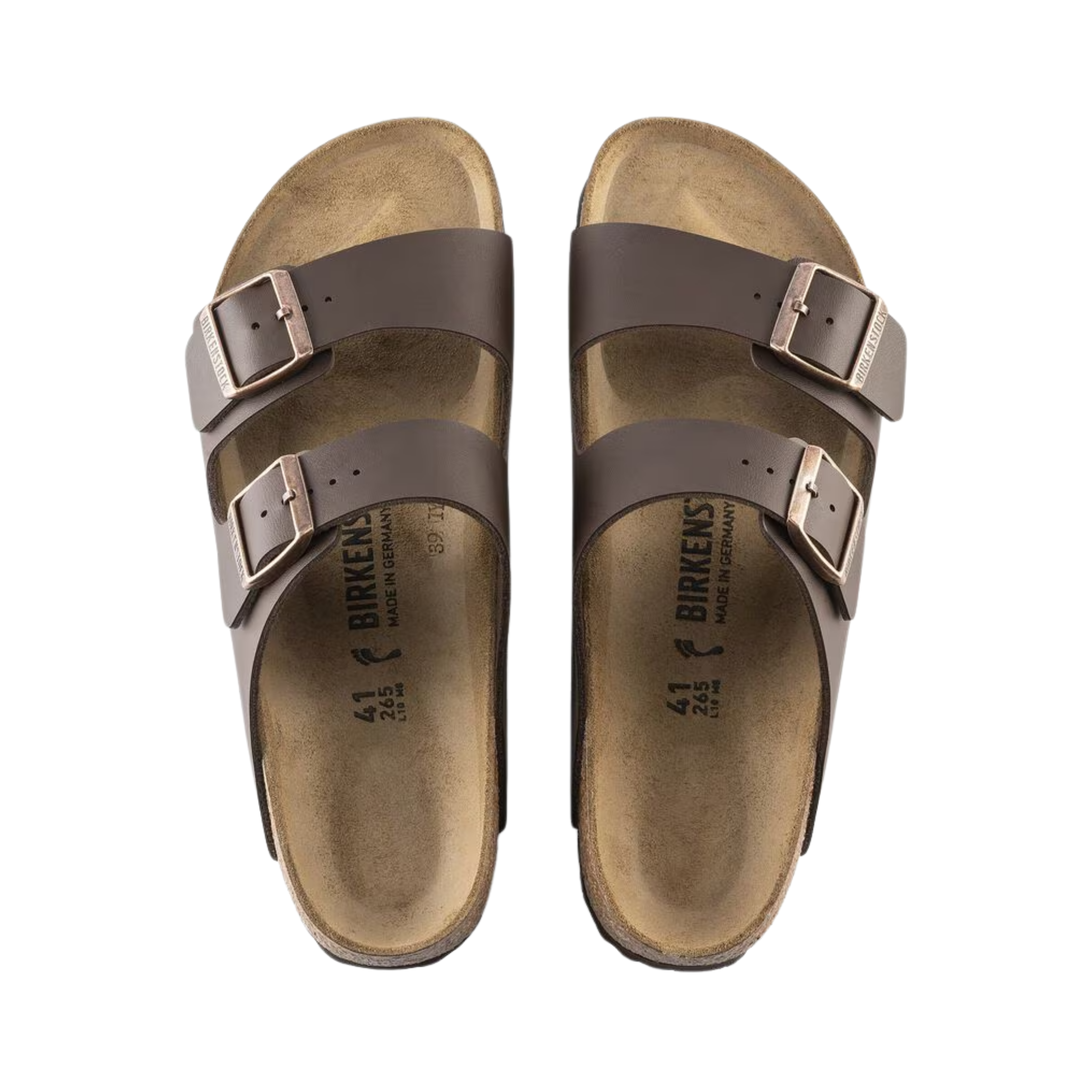 Top view of Women’s Birkenstock Arizona Birko-Flor sandal in Dark Brown – featuring a classic two-strap design with adjustable buckles for a customizable fit and a comfortable cork footbed.