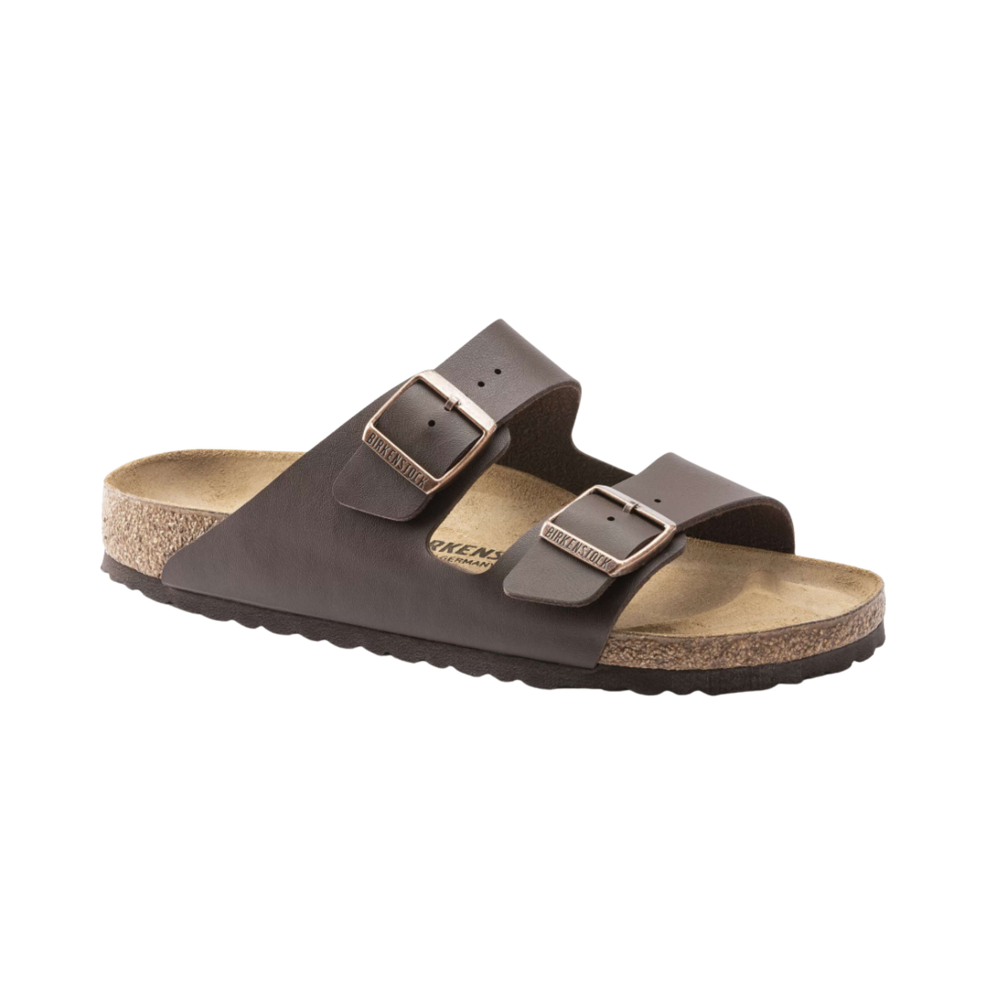 Side view of Women’s Birkenstock Arizona Birko-Flor sandal in Dark Brown – showcasing the timeless silhouette with a durable Birko-Flor upper and a supportive footbed for enhanced comfort.