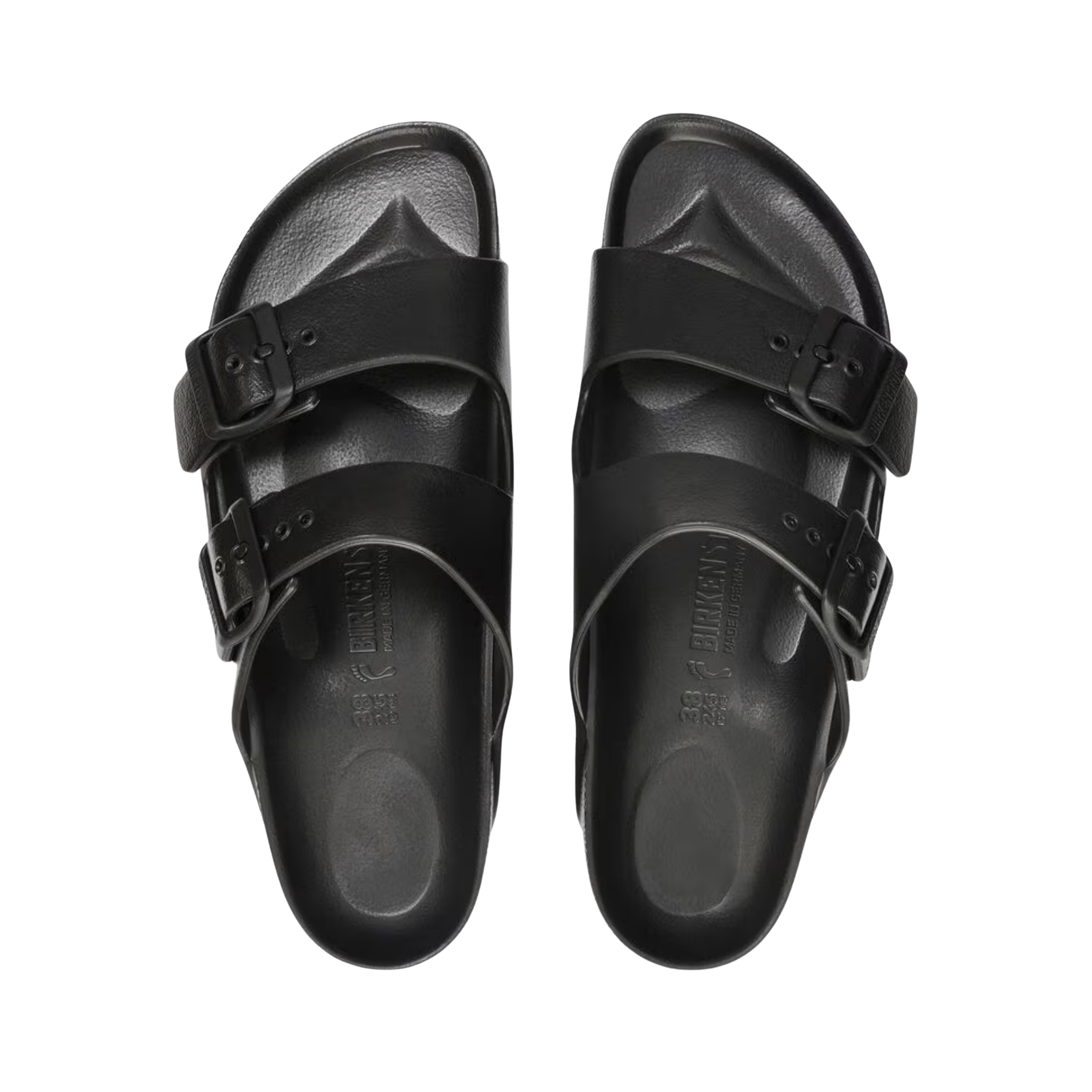 Top View of Unisex Birkenstock Arizona Essentials EVA sandal in Black – featuring a lightweight EVA construction, adjustable two-strap design, and a cushioned footbed for ultimate comfort.