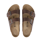 Top view of men’s Birkenstock Arizona Leather sandal in vintage wood roast – featuring a premium leather upper, two adjustable straps, and anatomically shaped cork-latex footbed for custom comfort.
