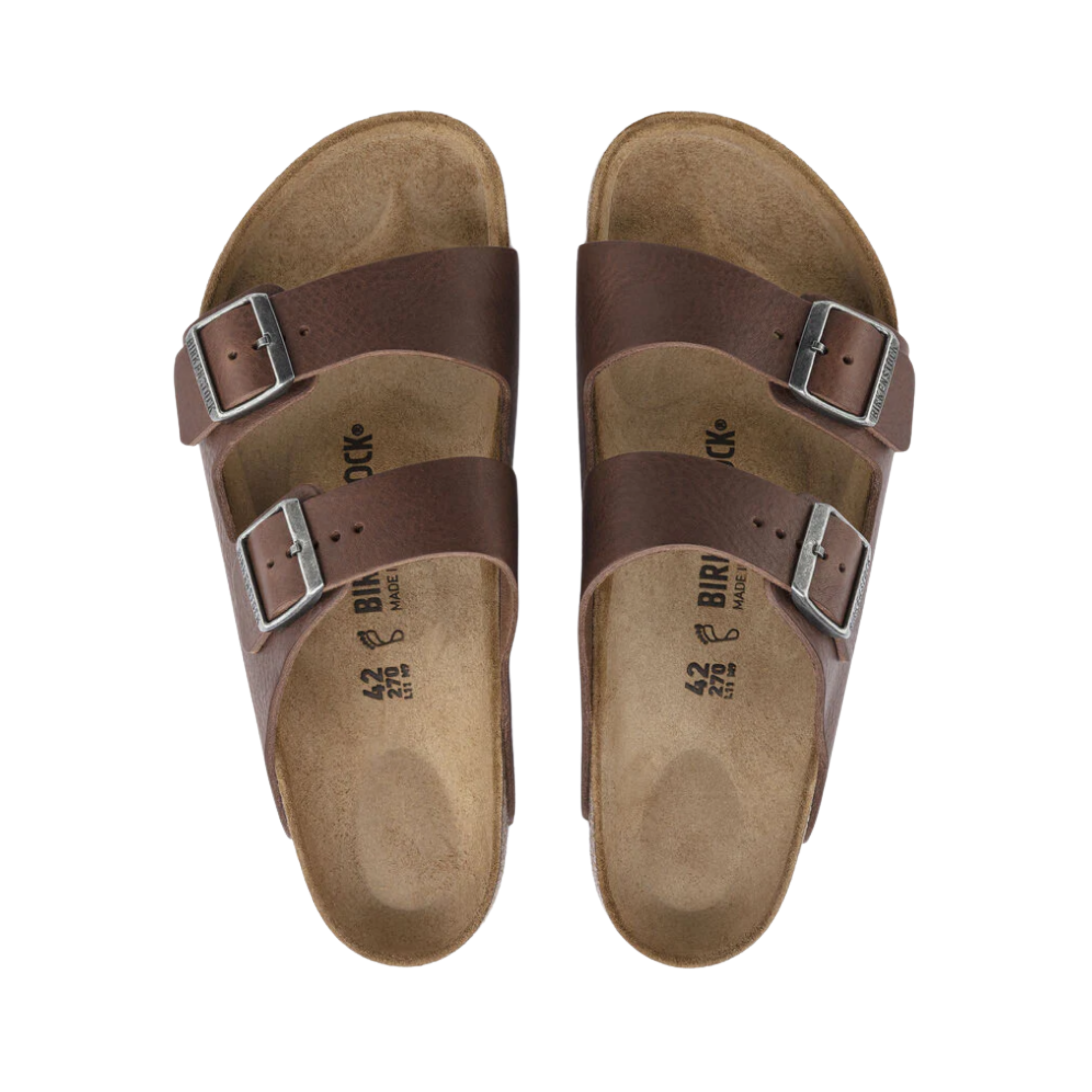 Top view of men’s Birkenstock Arizona Leather sandal in vintage wood roast – featuring a premium leather upper, two adjustable straps, and anatomically shaped cork-latex footbed for custom comfort.