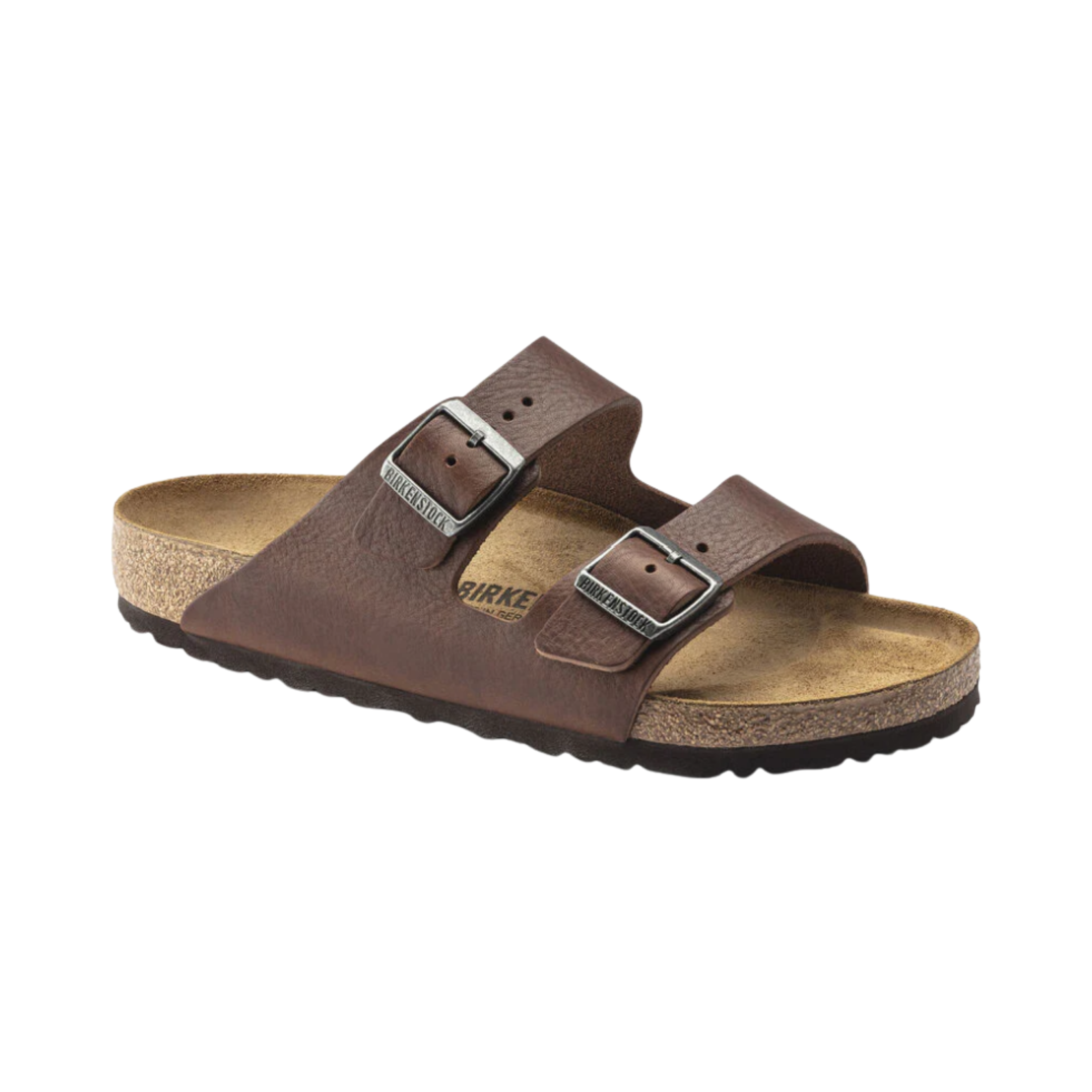 Side view of men’s Birkenstock Arizona Leather sandal in vintage wood roast – featuring a rich vintage finish, deep heel cup, and pronounced arch support for all-day wear.