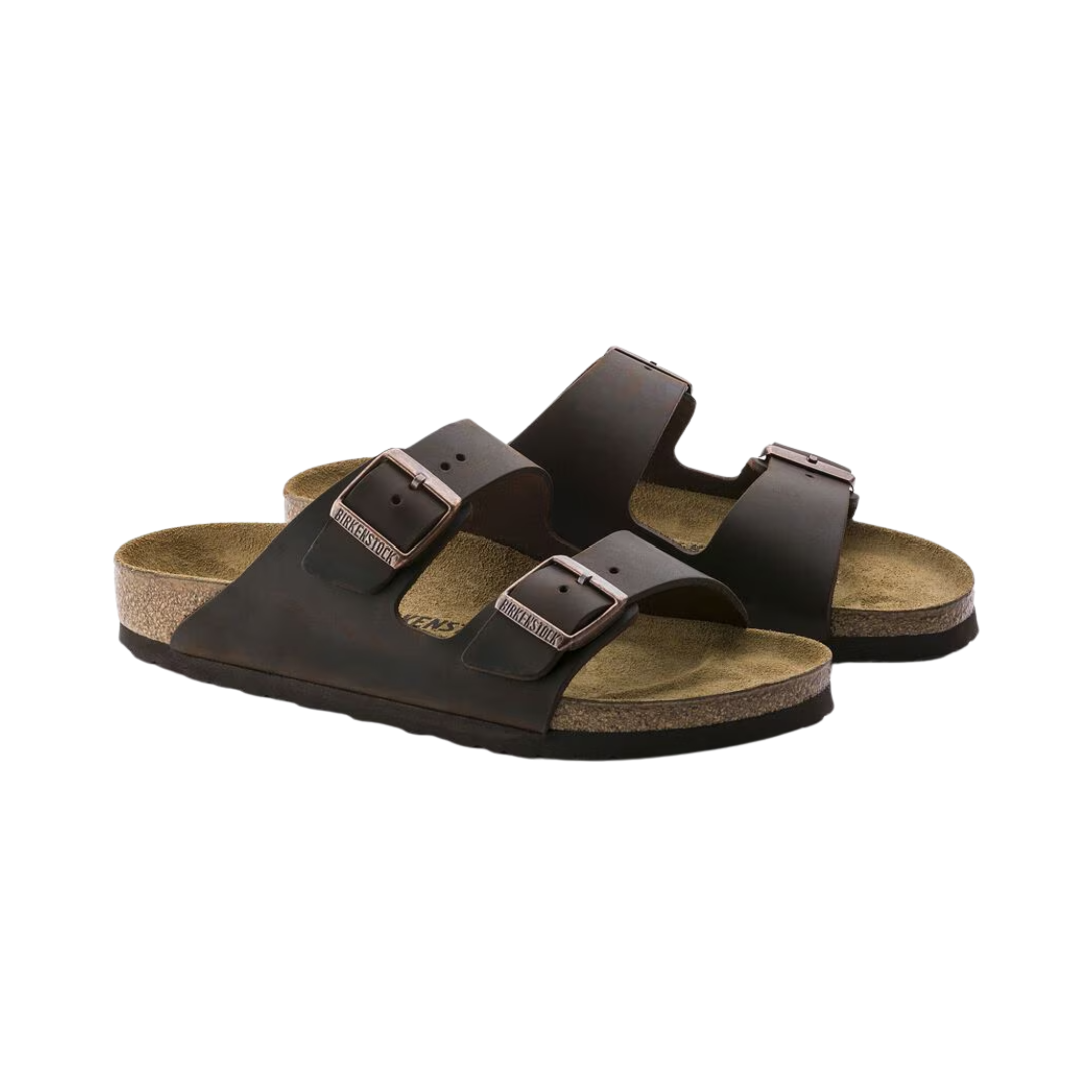 Side view of unisex Birkenstock Arizona Oiled Leather sandal in Habana – highlighting the robust oiled leather straps, ergonomic cork-latex footbed with excellent arch support, and a classic design suitable for all-day wear.