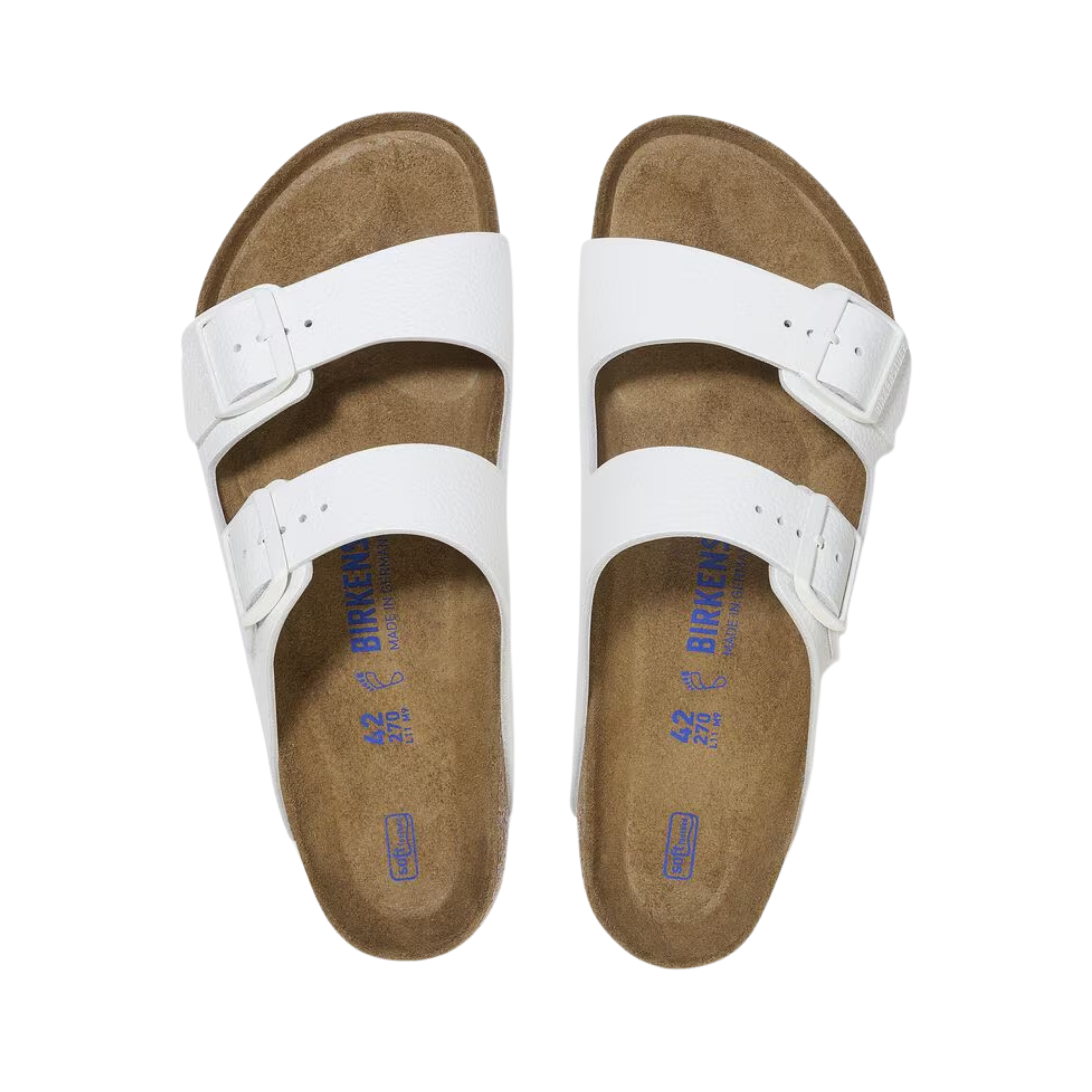 Top view of women’s Birkenstock Arizona Soft Footbed Leather sandal in White – featuring smooth leather straps, a cushioned soft footbed for added comfort, and adjustable buckles for a customized fit.