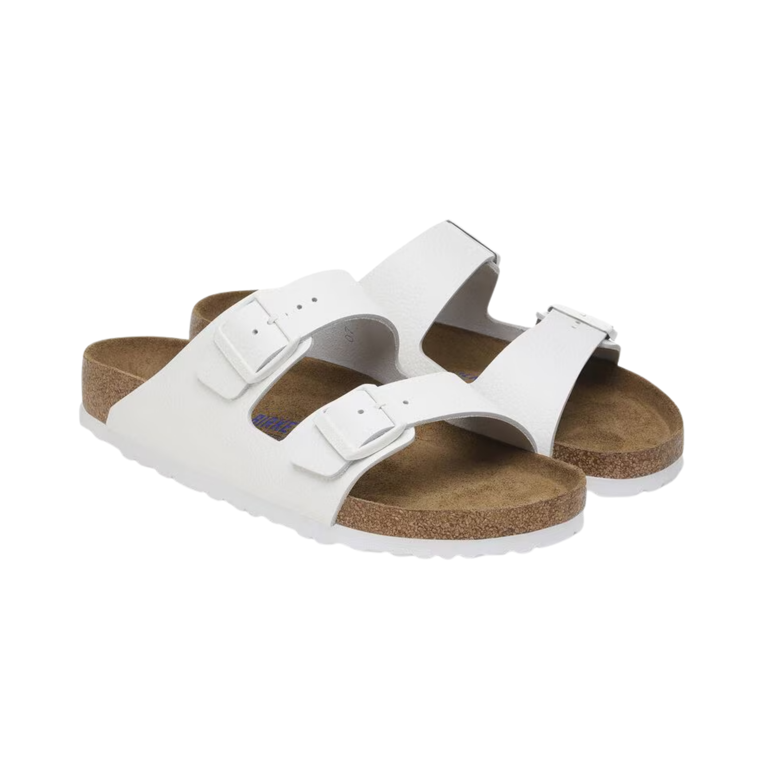 Side view of women’s Birkenstock Arizona Soft Footbed Leather sandal in White – showcasing the sleek white leather straps, contoured cork-latex footbed for arch support, and an ergonomic design for all-day wear.