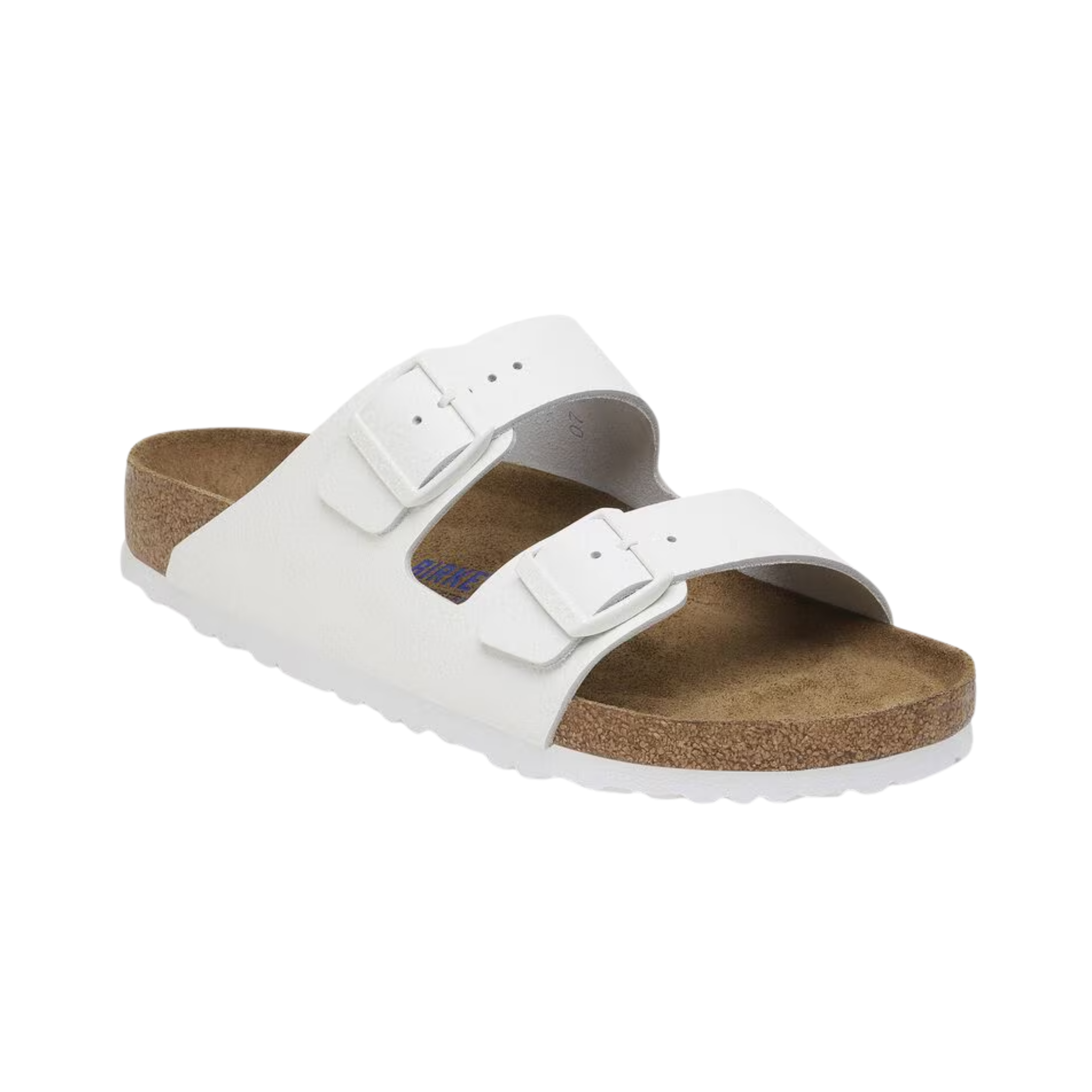 Side view of women’s Birkenstock Arizona Soft Footbed Leather sandal in White – showcasing the sleek white leather straps, contoured cork-latex footbed for arch support, and an ergonomic design for all-day wear.