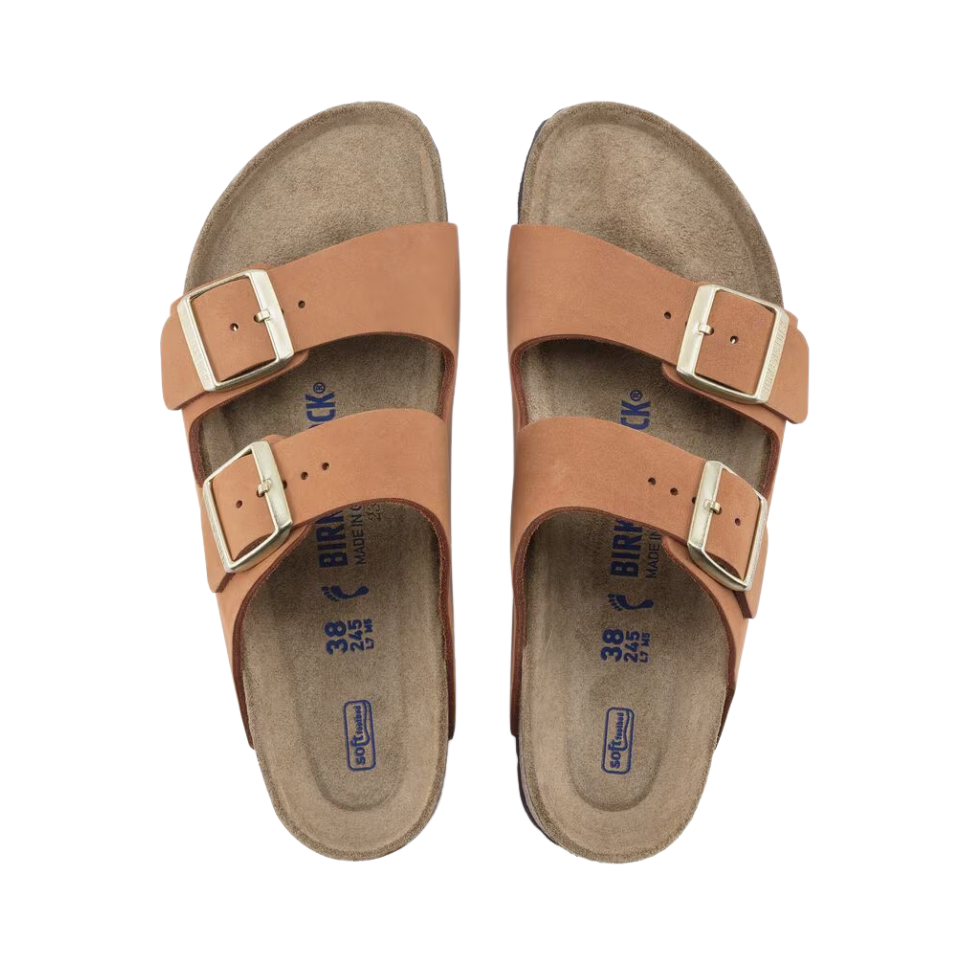 Top view of women’s Birkenstock Arizona Soft Footbed Nubuck Leather sandal in Pecan – featuring soft nubuck leather straps, a contoured cork-latex footbed for comfort, and adjustable buckles for a custom fit.