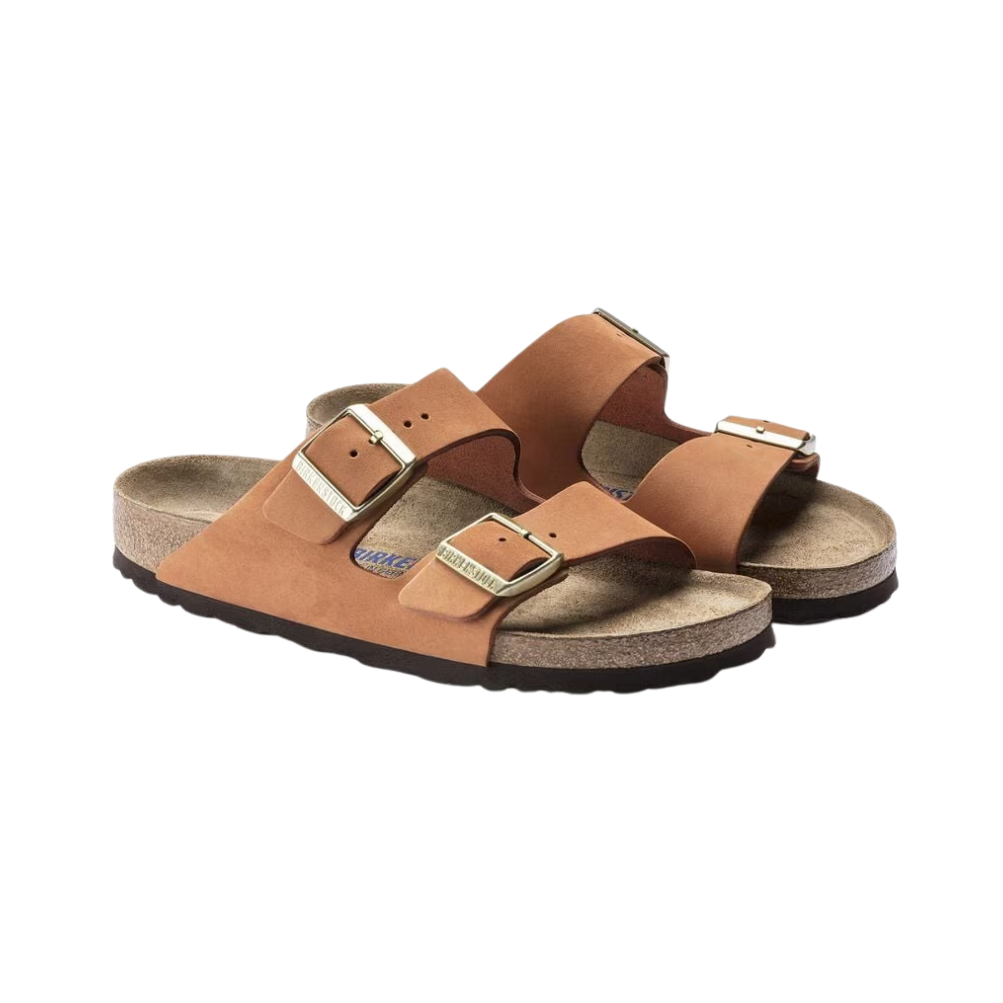 Side view of women’s Birkenstock Arizona Soft Footbed Nubuck Leather sandal in Pecan – showcasing soft nubuck leather straps, a cushioned soft footbed, and an anatomical arch support designed for long-lasting comfort.