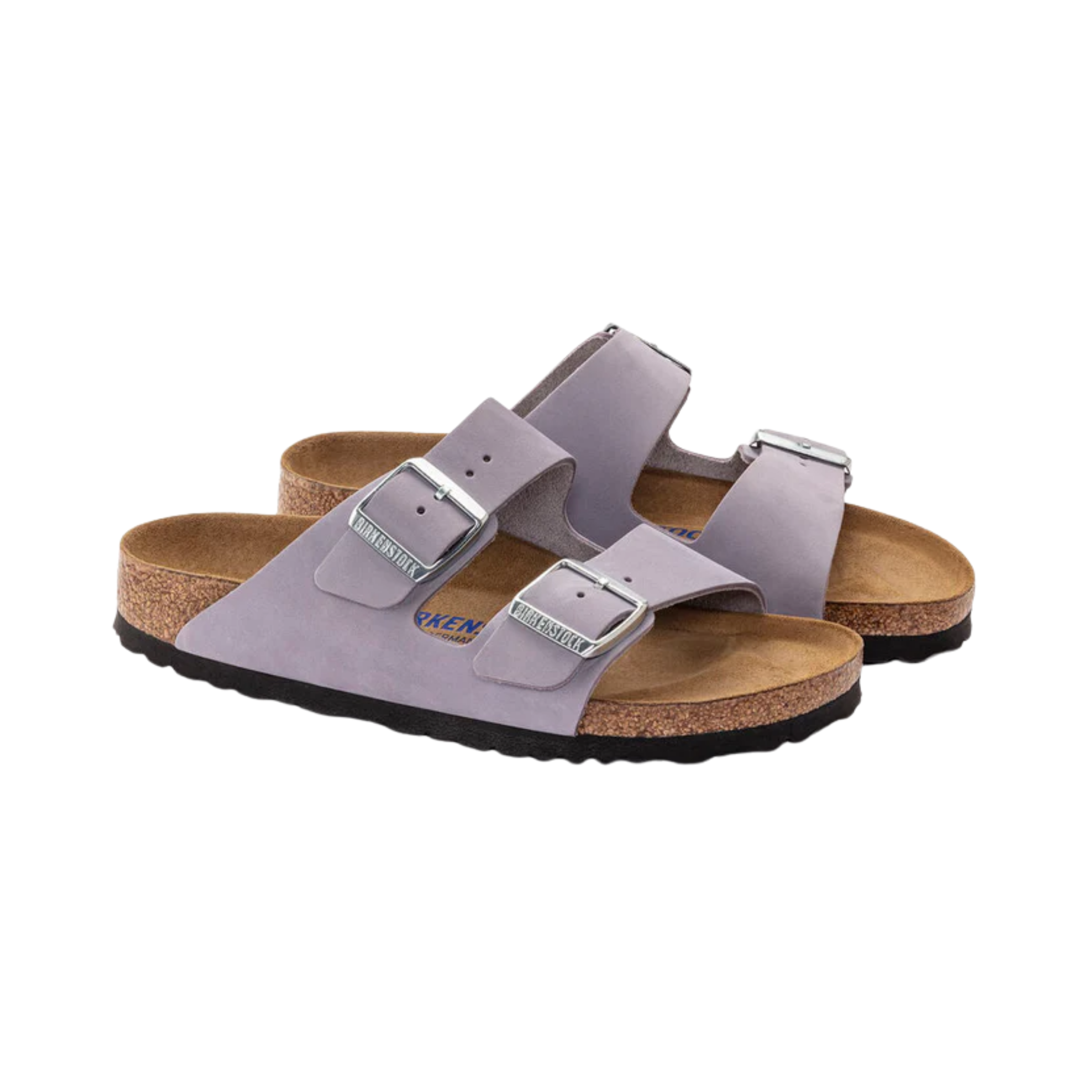 Side view of women’s Birkenstock Arizona Soft Footbed Nubuck Leather sandal in Purple Fog – showcasing soft nubuck leather straps, a cushioned soft footbed, and an anatomical arch support designed for long-lasting comfort.