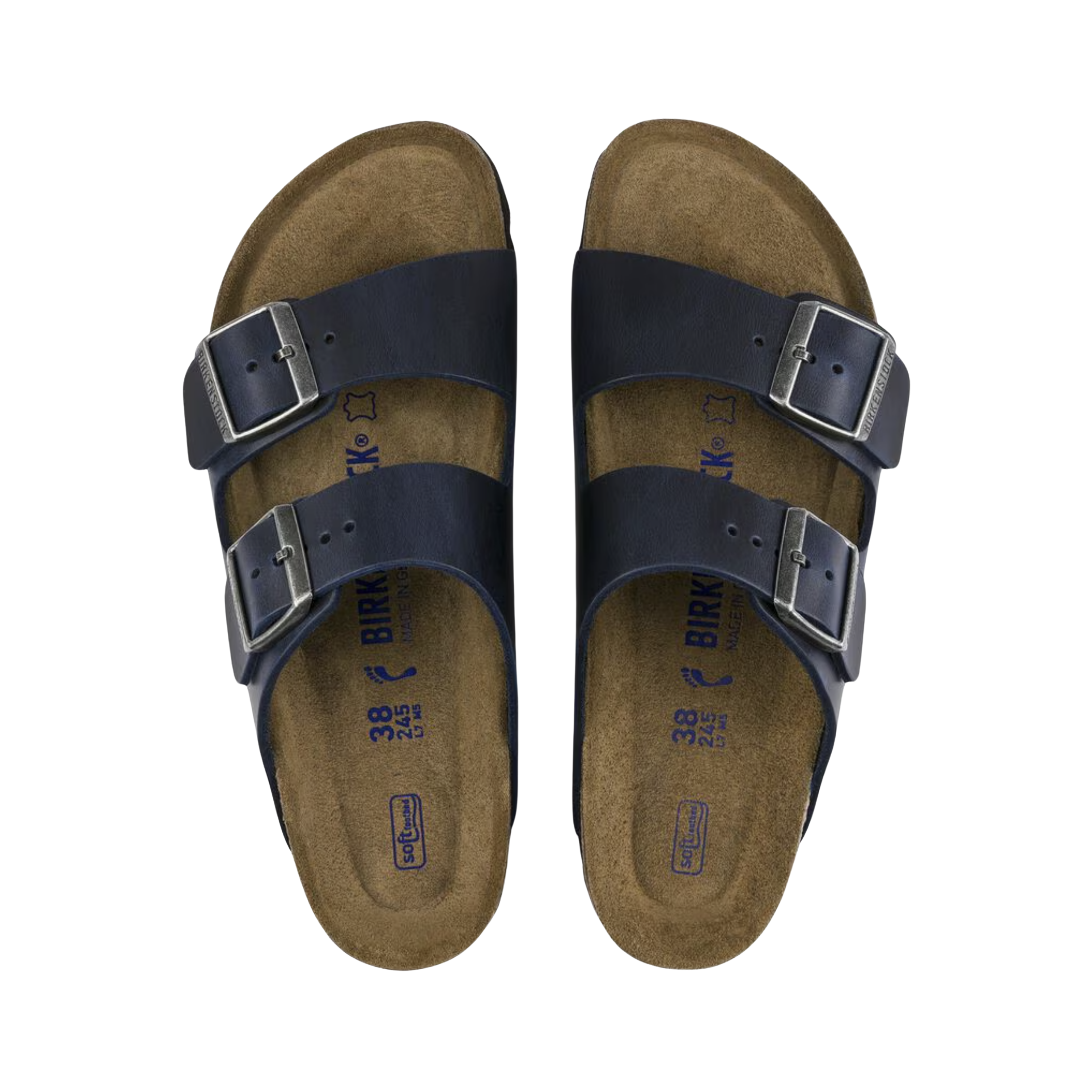 Top View of Women’s Birkenstock Arizona Soft Footbed Oiled Leather sandal in Blue – featuring a soft footbed for ultimate comfort, classic two-strap design for an adjustable fit, and durable oiled leather straps for a sleek look.